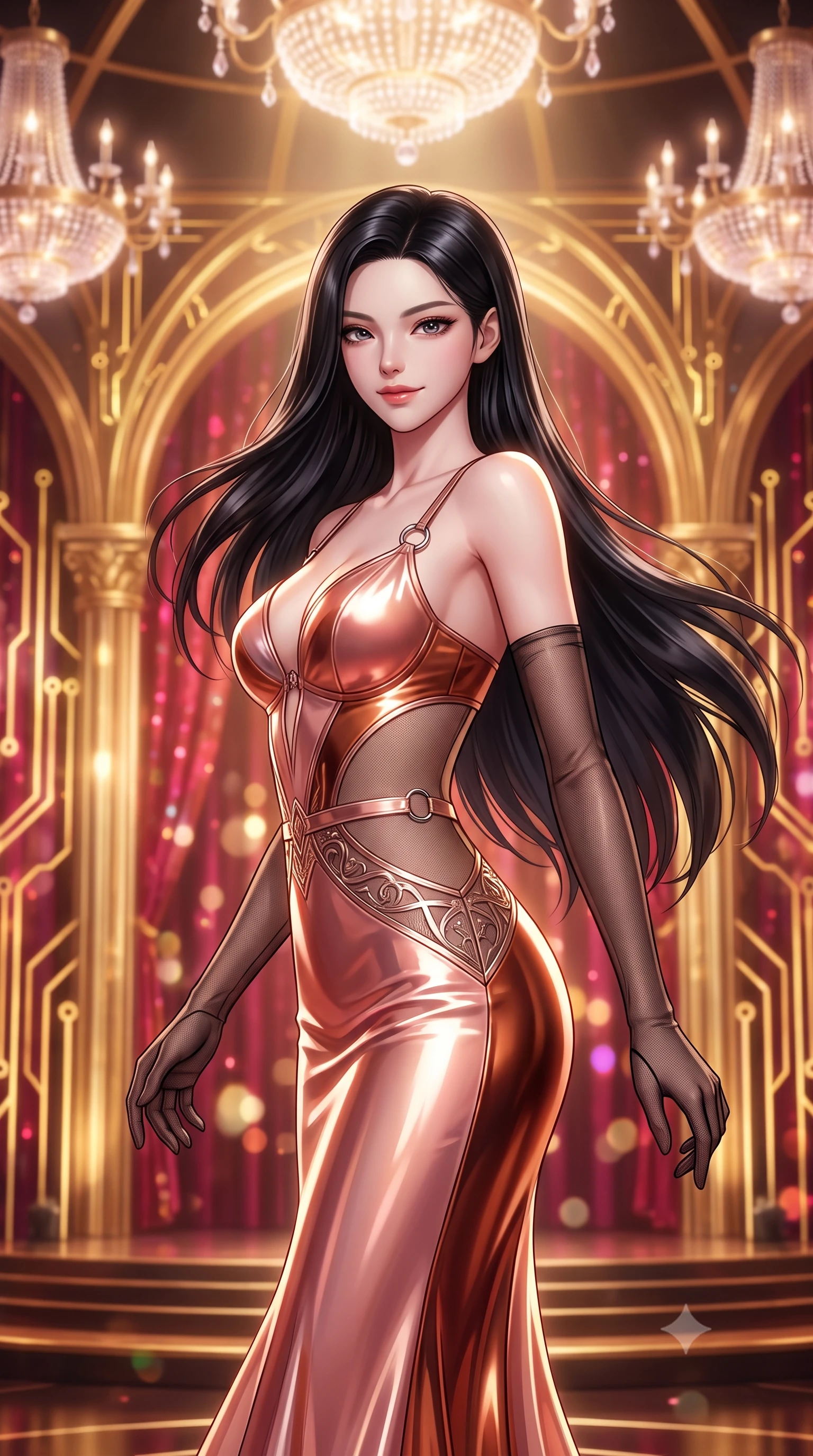 score_9, masterpiece, best quality, ultra-detailed, high-budget anime keyframe, semi-realistic 3D game render, editorial fashion photography, tasteful artistic composition, Korean woman. close-up cowboy shot from the waist and thighs up, the character dominates the composition, filling the frame with her large presence. turning slowly with an enchanting smoldering smile, her glossy hair tossing in the breeze as her hips angle gracefully in a captivating contrapposto while standing poised at the center of the gilded cyber-baroque opera stage beneath levitating plasma chandeliers, arching her lower back with sovereign diva charisma. The background shows a soft-focus levitating crystal plasma chandelier, soaring gilded baroque arches interlaced with pulsing gold circuits, and holographic crimson curtains blurred into ruby, gold, and champagne bokeh. She has an exceptionally elegant, slender, and willowy female figure with an ultra-slim waist, flat toned midriff, narrow ribcage, and sculpted feminine hips creating an alluring, slim hourglass silhouette without bulk. sharp v-shaped jawline, high-bridge nose, intricate jewel-like sparkling eyes with depth, thick eyelashes, glossy parted lips with a natural peach sheen, bright cheerful beaming smile with an enchanting and coquettish sensual glint, exuding both youthful cute charm and seductive allure, flawlessly proportioned anatomical accuracy, strict slender model proportions, natural body alignment, perfectly sculpted long slender limbs, ultra-slim waistline, clean dynamic posture without body distortion. wearing an alluring plunging sweetheart bodice dress with sheer mesh side-waist cutouts contouring her ribs in high-gloss rose-gold and burnished copper, adorned with delicate chrome ring hardware and cutouts along her slender waist, complemented by sheer opera-length evening gloves tracing her slender arms, the liquid-tight tailored fabric clinging flawlessly to her narrow waist and rounded feminine hips, emphasizing every millimeter of her sculpted slim hourglass curves without any bulky heaviness. bathed in warm 2600K golden spotlight radiance combined with ruby and amber holographic curtain glow. highly saturated vibrant anime colors, detailed shading with soft gradients, rich glossy textures, high-contrast stereoscopic depth, volumetric dynamic lighting, master piece, 9:16 ratio