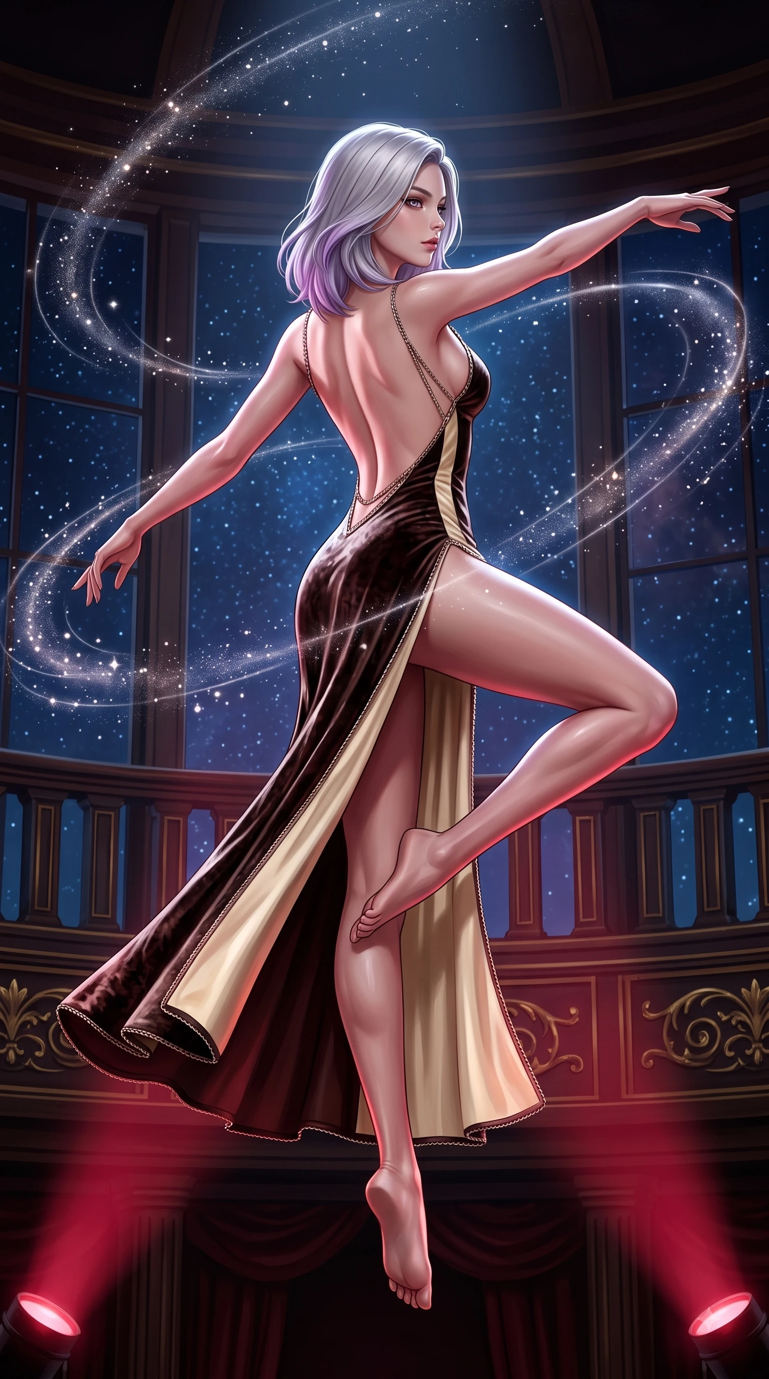 score_9, masterpiece, best quality, ultra-detailed, high-budget anime keyframe, editorial fashion photography, tasteful artistic composition, Caucasian woman. low angle full-body shot from head to toe showing her feet, filling the entire 9:16 vertical frame with her statuesque presence, stretching her vertical silhouette. performing an athletic mid-air rotation with flawless poise, her vertical silhouette beautifully stretched while pivoting dynamically on an opera balcony as deep space starlight illuminates her bare back, floating starlight dust drifting around her in dynamic orbital paths. She has an absolutely perfect, statuesque 8.5-heads proportion, an exceptionally tall and slender model-like female figure with impossibly long slender legs and an ultra-slim waist. sharp v-shaped jawline, high-bridge nose, intricate jewel-like eyes with depth, thick eyelashes, glossy lips with a natural sheen, flawlessly proportioned anatomical accuracy, natural body alignment, perfectly sculpted elegant limbs, clean dynamic posture without body distortion. wearing a backless crushed velvet gown with a deep V-neckline and high thigh slit in espresso brown and warm cream, made of premium stretch velvet with a rich sheen, adorned with delicate metallic chain straps along the neckline, the glove-like fit emphasizing her statuesque silhouette during motion. bathed in deep crimson theatrical lighting with sharp specular highlights on every curve. ultra-reflective glossy finish, specular highlights, metallic sheen, high-contrast stereoscopic depth, volumetric dynamic lighting, 2k, ultra detail, master piece, 9:16 ratio