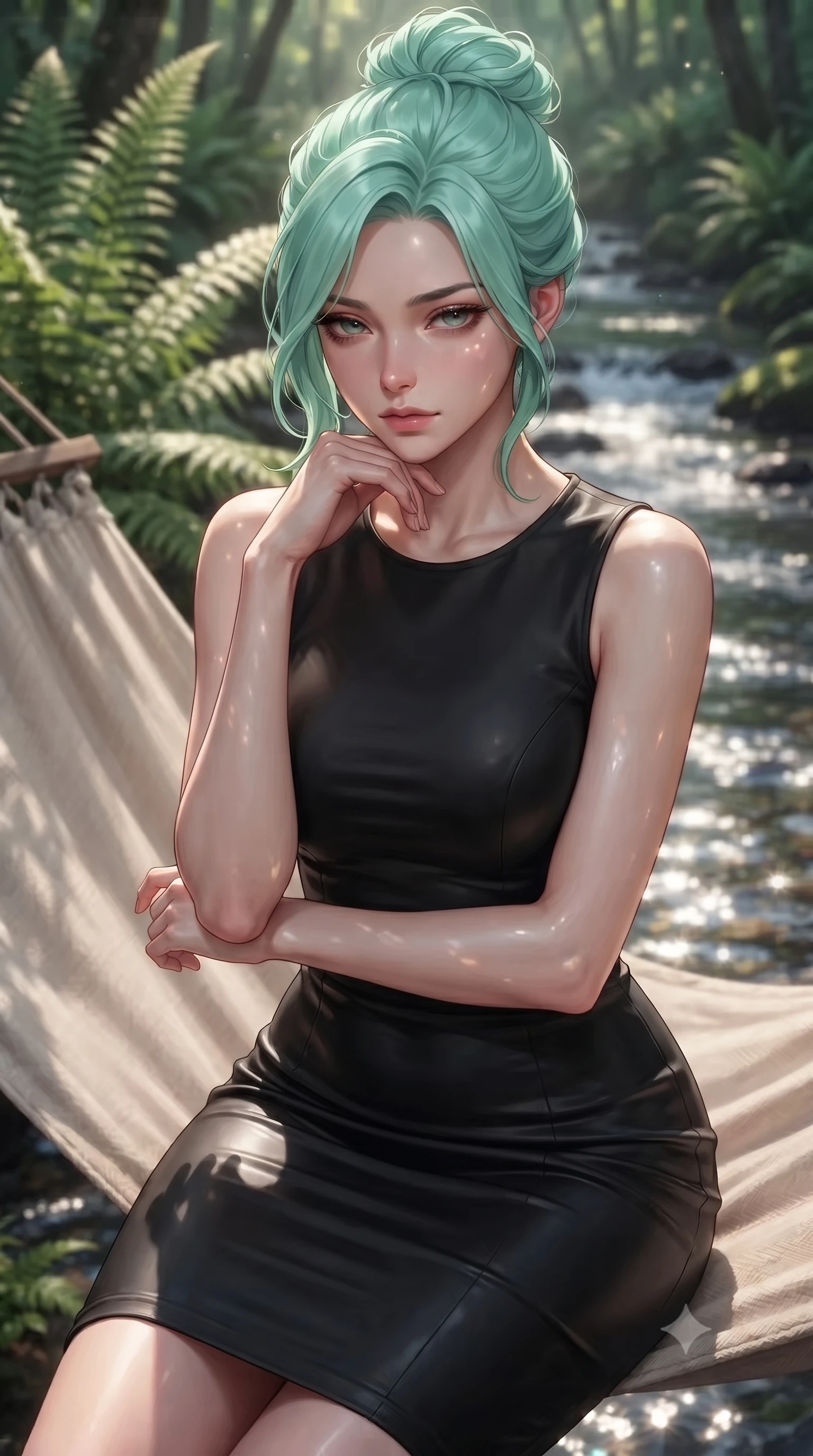 score_9, masterpiece, best quality, ultra-detailed, high-budget anime keyframe, editorial fashion photography, tasteful artistic composition, Japanese woman. close-up cowboy shot from the waist and thighs up, the character dominates the composition, filling the frame with her large presence, background elements kept in soft focus. resting her chin on the backs of her fingers, casting a heavy-lidded, sultry look past the camera the background shows a soft-focus a cozy hammock lounge surrounded by tall ferns and a bubbling forest stream. She has an exceptionally elegant, slender, and willowy female figure with an ultra-slim waist, a gracefully sculpted slender torso, and a refined silhouette. sharp v-shaped jawline, high-bridge nose, intricate jewel-like eyes with depth, thick eyelashes, glossy lips with a natural sheen. wearing a form-contouring form-fitting black bodycon dress in structured crepe fabric with a simple crew neck. dappled sunbeams reflecting off the moving water surface onto her form. ultra-reflective glossy finish, specular highlights, metallic sheen, high-contrast stereoscopic depth, volumetric dynamic lighting, 2k, ultra detail, master piece, 9:16 ratio