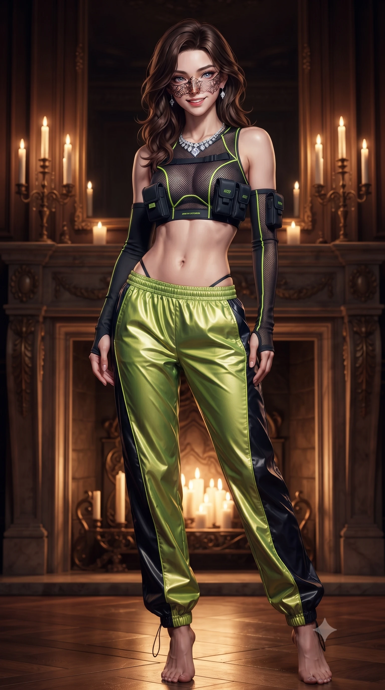 score_9, masterpiece, best quality, ultra-detailed, high-budget anime keyframe, editorial fashion photography, tasteful artistic composition, Korean woman. low angle full-body shot from head to toe showing her feet, filling the entire 9:16 vertical frame with her statuesque presence, stretching her vertical silhouette. standing poised with one hip cocked in an alluring high-fashion pose, her tall 8.5-heads proportions dominating the scene while resting against a candlelit grand fireplace with mask slightly lowered, smiling with dangerous, bewitching elegance. The surrounding environment is rendered in vivid detail and crisp panoramic clarity. intricate laser-cut filigree mask patterns, sparkling diamond necklace facets, and silk velvet textures in deep focus. She has an absolutely perfect, statuesque 8.5-heads proportion, an exceptionally tall and slender model-like female figure with impossibly long slender legs, a toned flat midriff, and an ultra-slim waist. sharp v-shaped jawline, high-bridge nose, intricate jewel-like eyes with depth, thick eyelashes, glossy lips with a natural sheen, captivating and magnetic expression, flawlessly proportioned anatomical accuracy, strict slender model proportions, natural body alignment, perfectly sculpted long slender limbs, ultra-slim waistline, clean dynamic posture without body distortion. wearing a sporty Y2K mesh-paneled crop top with asymmetrical sleeve warmers and low-slung metallic track pants in acid lime green and dark obsidian, made of breathable technical athletic mesh and liquid-finish track nylon, finished with glowing fiber-optic seam piping and miniature utility pouches edition #28, the form-contouring material adhering flawlessly to her sculpted flat midriff and slender torso, emphasizing her long leg lines and perfectly proportioned willowy build. surrounded by an enigmatic, enchanting, and lethal undercover spy duchess aura. ultra-reflective glossy finish, specular highlights, rich textural contrasts, high-contrast stereoscopic depth, volumetric dynamic lighting, 2k, ultra detail, master piece, 9:16 ratio