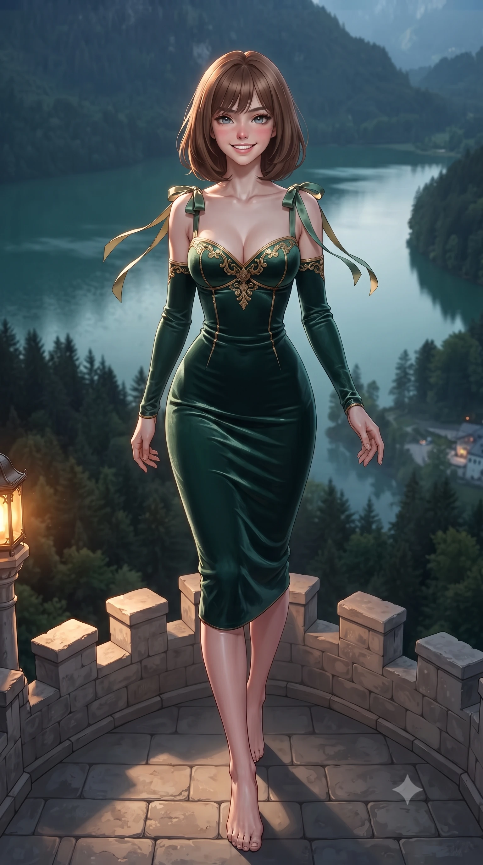 score_9, masterpiece, best quality, ultra-detailed, high-budget anime keyframe, editorial fashion photography, tasteful artistic composition, Caucasian woman. low angle full-body shot from head to toe showing her feet, filling the entire 9:16 vertical frame with her statuesque presence, stretching her vertical silhouette. stepping slowly toward the camera with hypnotic grace, hips swaying in an alluring sensual rhythm that accentuates her curvy hourglass silhouette and long slender legs while standing poised on the castellated stone balcony overlooking the misty emerald waters of the Alpsee lake and dark pine forests, arching her lower back with regal high-fashion ease. The surrounding environment is rendered in vivid detail and crisp panoramic clarity: detailed garment texture, delicate trims, and historic royal Bavarian architecture in high resolution. She has an exceptionally tall and slender model-like 8.5-heads proportion, an ultra-slim waist, a flat toned midriff, narrow delicate ribcage, and beautifully sculpted feminine hips creating a graceful, slim hourglass silhouette without any bulky heaviness, with impossibly long slender legs. sharp v-shaped jawline, high-bridge nose, intricate jewel-like sparkling eyes with depth, thick eyelashes, glossy parted lips with a natural peach sheen, bright cheerful beaming smile with an enchanting and coquettish sensual glint, exuding both youthful cute charm and seductive allure, flawlessly proportioned anatomical accuracy, strict slender model proportions, natural body alignment, perfectly sculpted long slender limbs, ultra-slim waistline, clean dynamic posture without body distortion. wearing a glove-like stretch modal tank dress adhering tightly to her flat midriff and feminine hips in Bavarian alpine spruce green and Neuschwanstein gilded gold, tailored from ultra-plush silk velvet with rich tactile depth and deep shadow gradients, finished with satin ribbon ties at the shoulders fluttering in the gentle breeze, the liquid-tight tailored fabric clinging flawlessly to her narrow waist and rounded feminine hips, emphasizing every millimeter of her sculpted slim hourglass curves without any bulky heaviness. bathed in the romantic amber 2400K iron lantern glow mixed with silver alpine moonlight and mist. ultra-reflective glossy finish, specular highlights, rich textural contrasts, high-contrast stereoscopic depth, volumetric dynamic lighting, 2k, ultra detail, master piece, 9:16 ratio