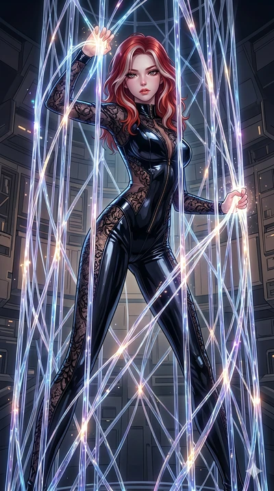 score_9, masterpiece, best quality, ultra-detailed, High-budget Anime Keyframe, East Asian woman. Dynamic full-body shot stretching the vertical silhouette to the limit. Scenario 182: Trapped in a cage of glowing crystalline fibers, body pressing aga