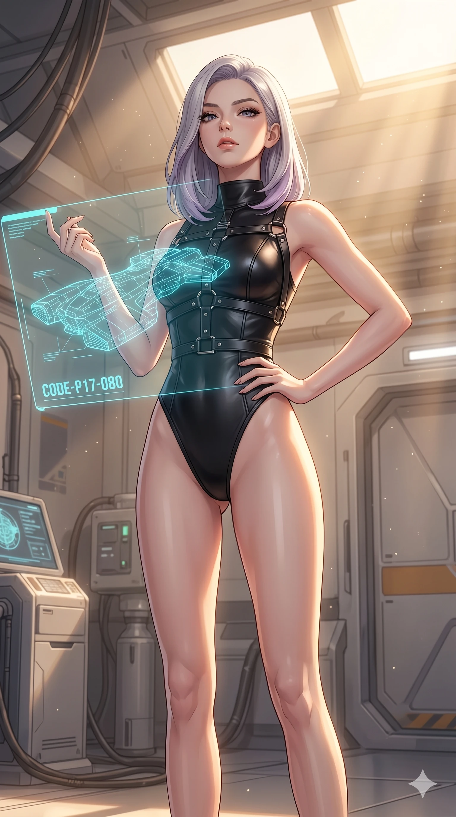 score_9, masterpiece, best quality, ultra-detailed, high-budget anime keyframe, editorial fashion photography, tasteful artistic composition, Caucasian woman, strictly human ears. cowboy shot from the thighs up, character and outfit filling the frame for maximum editorial presence. tilting her head back slightly with a confident and powerful expression in a high-tech hangar bay with a holographic blueprint of a starship (Code-P17-080). She has an absolutely perfect 8-heads proportion, an exceptionally tall and slender female figure with impossibly long slender legs and an ultra-slim waist. V-shaped jawline, high-bridge nose, intricate jewel-like eyes with depth, thick eyelashes, glossy lips with a natural sheen. wearing a sleek leather bodysuit with high-cut leg lines and an elegant harness. drenched in soft morning sunbeams flowing from a high window, creating a serene mood. 2k, ultra detail, master piece, 9:16 ratio