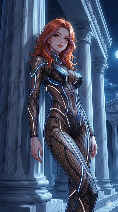 score_9, masterpiece, best quality, ultra-detailed, High-budget Anime Keyframe, East Asian woman. Low angle cowboy shot filling the entire 9:16 frame with her statuesque presence. Scenario 93: Leaning against a cold marble pillar in a moonlit greek t