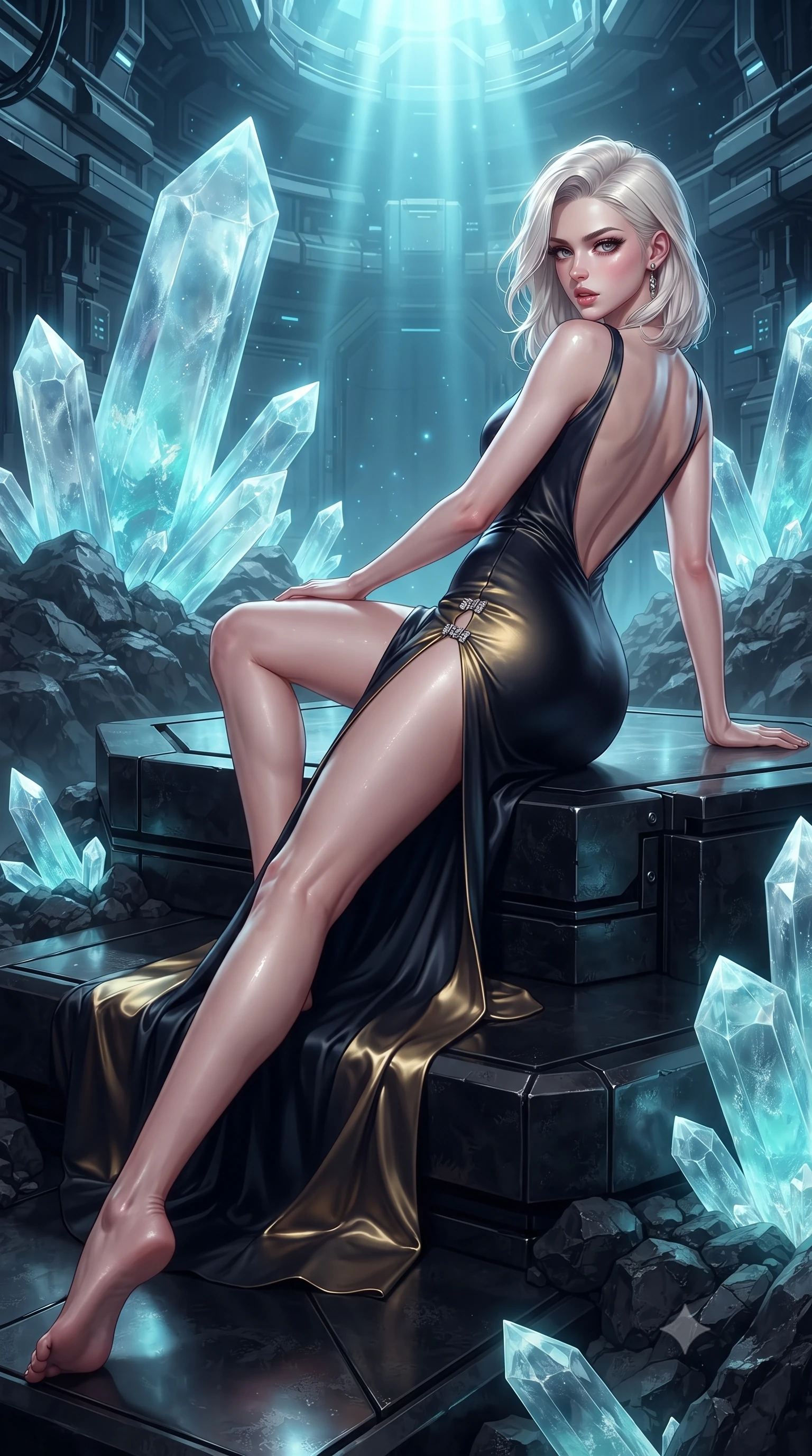 score_9, masterpiece, best quality, ultra-detailed, high-budget anime keyframe, editorial fashion photography, tasteful artistic composition, Caucasian woman. low angle full-body shot from head to toe showing her feet, filling the entire 9:16 vertical frame with her statuesque presence, stretching her vertical silhouette. striding forward in a proud supermodel runway stride, hips swaying in an alluring kinetic rhythm that accentuates her curvy hourglass silhouette while reclining across a black basalt viewing platform propped on one elbow, her slender waist and feminine curves sculpted by shimmering crystal refractions. The surrounding environment is rendered in vivid detail and crisp panoramic clarity. sharp crystal facet cleavages, basalt rock fractures, and titanium gantry bolt seams in deep focus. She has an exceptionally tall and slender model-like 8.5-heads proportion, an ultra-slim waist, a flat toned midriff, narrow delicate ribcage, and beautifully sculpted feminine hips creating a graceful, slim hourglass silhouette without any bulky heaviness, with impossibly long slender legs. sharp v-shaped jawline, high-bridge nose, intricate jewel-like eyes with depth, thick eyelashes, glossy parted lips with a natural sheen, intensely captivating and seductive bedroom-eyes expression, flawlessly proportioned anatomical accuracy, strict slender model proportions, natural body alignment, perfectly sculpted long slender limbs, ultra-slim waistline, clean dynamic posture without body distortion. wearing a liquid-silk jersey evening gown with an ultra-deep plunging open back descending to the base of her spine and a sculpted hip-hugging skirt in midnight obsidian black and liquid gold, tailored from ultra-smooth duchess satin with a pearlescent sheen, finished with an ultra-high side slit secured by miniature jeweled clasps, the form-contouring material adhering flawlessly to her sculpted flat midriff and slender torso, emphasizing her long leg lines and perfectly proportioned willowy build. bathed in ethereal ice-blue and cyan spotlights filtering through massive translucent mineral crystals. ultra-reflective glossy finish, specular highlights, rich textural contrasts, high-contrast stereoscopic depth, volumetric dynamic lighting, 2k, ultra detail, master piece, 9:16 ratio