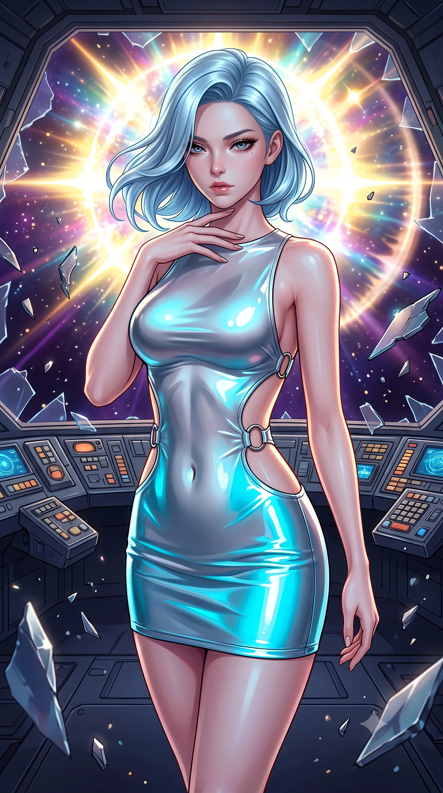 score_9, masterpiece, best quality, ultra-detailed, high-budget anime keyframe, semi-realistic 3D game render, editorial fashion photography, tasteful artistic composition, Korean woman. close-up cowboy shot from the waist and thighs up, the character dominates the composition, filling the frame with her large presence. resting her fingers lightly against her throat while looking down with a smoldering, haughty yet intensely captivating glance while floating weightlessly in the center of an abandoned starship bridge as a dazzling supernova explodes outside. The surrounding environment is rendered in vivid detail and crisp panoramic clarity. intricate starship control console buttons, floating alloy shard edges, and supernova shockwave rings in deep focus. She has an exceptionally elegant, slender, and willowy female figure with an ultra-slim waist, a gracefully sculpted slender torso, and a refined silhouette. sharp v-shaped jawline, high-bridge nose, intricate jewel-like eyes with depth, thick eyelashes, glossy lips with a natural sheen, flawlessly proportioned anatomical accuracy, natural body alignment, perfectly sculpted elegant limbs, clean dynamic posture without body distortion. wearing a second-skin fashion-latex mini dress with a clean architectural front, featuring an open-back design that wraps around the sides of her waist, showcasing her slender silhouette in liquid mercury silver and glowing electric cyan, formed from high-gloss patent material with specular light reflections, detailed with polished silver rings connecting the daring side-waist cutouts, the daring cutouts accentuating her delicate midriff, graceful collarbones, and feminine contour. bathed in blinding white and gold supernova celestial radiance with deep cosmic purple shadows. highly saturated vibrant anime colors, detailed shading with soft gradients, rich glossy textures, high-contrast stereoscopic depth, volumetric dynamic lighting, master piece, 9:16 ratio