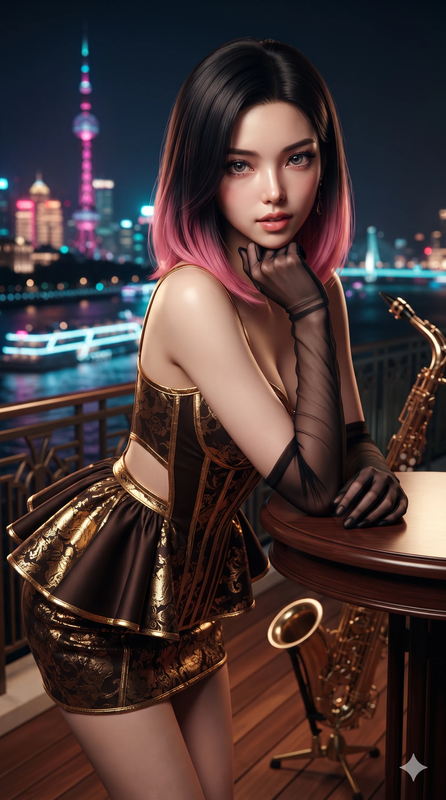score_9, masterpiece, best quality, ultra-detailed, high-budget anime keyframe, editorial fashion photography, tasteful artistic composition, Korean woman. close-up cowboy shot from the waist and thighs up, the character dominates the composition, filling the frame with her large presence. resting one elbow on the table and supporting her chin, leaning close to the camera with heavy-lidded sparkling eyes and parted lips while standing poised on the polished teak terrace beside a vintage brass saxophone stand, twisting her slender torso in an alluring S-curve while holding a cocktail glass as river breezes whip her dress. The background shows a soft-focus blazing neon spires of the Oriental Pearl Tower, illuminated Huangpu river cruise ships, and geometric Art Deco railings blurred into magenta, electric cyan, and deep obsidian bokeh. She has an exceptionally elegant, slender, and willowy female figure with an ultra-slim waist, flat toned midriff, narrow ribcage, and sculpted feminine hips creating an alluring, slim hourglass silhouette without bulk. sharp v-shaped jawline, high-bridge nose, intricate jewel-like sparkling eyes with depth, thick eyelashes, glossy parted lips with a natural sheen, intensely captivating and seductive bedroom-eyes expression, exuding both youthful cute charm and sovereign luxury allure, flawlessly proportioned anatomical accuracy, strict slender model proportions, natural body alignment, perfectly sculpted long slender limbs, ultra-slim waistline, clean dynamic posture without body distortion. wearing a modern peplum corset dress with side-waist diamond cutouts and an ultra-tight silhouette in dark espresso brown and molten gold foil, woven from high-density tech-wool with subtle metallic thread weave, complemented by sheer opera-length evening gloves tracing her slender arms, the high-slit wrap tailoring accentuating her ultra-slim waistline and the enchanting curve of her feminine hips with alluring seductive charm. illuminated by terrace deck bounce and sharp neon-cyan rim lights sculpting her razor-sharp jawline, narrow waist, and curvy hips. ultra-reflective glossy finish, specular highlights, rich textural contrasts, high-contrast stereoscopic depth, volumetric dynamic lighting, 2k, ultra detail, master piece, 9:16 ratio