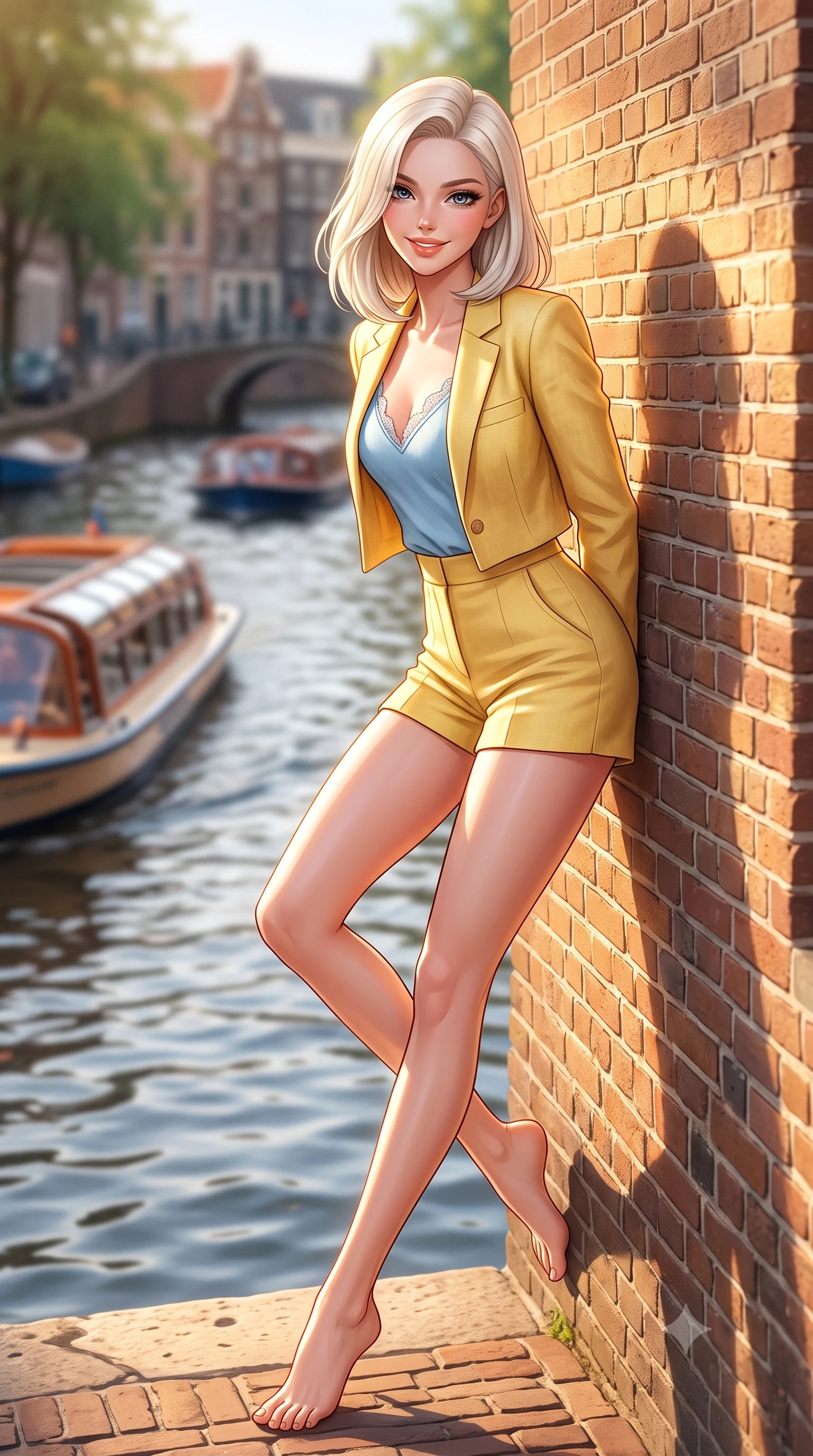 score_9, masterpiece, best quality, ultra-detailed, high-budget anime keyframe, semi-realistic 3D game render, editorial fashion photography, tasteful artistic composition, Caucasian woman. low angle full-body shot from head to toe showing her feet, filling the entire 9:16 vertical frame with her statuesque presence, stretching her vertical silhouette. leaning deep against the sunlit architecture with hips cocked back in a cute yet unapologetically alluring high-fashion stance, flashing a warm beaming smile while sitting on the warm brick bridge ledge with legs crossed, looking over her shoulder with an alluring, playful girlhood charm. The composition keeps background elements in soft focus with dreamy creamy bokeh. rippling canal waters and passing tour boats softened in charming Dutch shallow focus. She has an exceptionally tall and slender model-like 8.5-heads proportion, an ultra-slim waist, a flat toned midriff, narrow delicate ribcage, and beautifully sculpted feminine hips creating a graceful, slim hourglass silhouette without any bulky heaviness, with impossibly long slender legs. sharp v-shaped jawline, high-bridge nose, intricate jewel-like sparkling eyes with depth, thick eyelashes, glossy parted lips with a natural peach sheen, bright cheerful beaming smile with an enchanting and coquettish sensual glint, exuding both youthful cute charm and seductive allure, flawlessly proportioned anatomical accuracy, strict slender model proportions, natural body alignment, perfectly sculpted long slender limbs, ultra-slim waistline, clean dynamic posture without body distortion. wearing a chic cropped linen blazer worn with a plunging-V camisole and high-waisted tailored hot-pants showcasing her long slender legs in sunny daffodil yellow and clear sky blue, crafted from soft cozy cashmere yarn with an airy drape, finished with delicate lace scallop edging along the neckline, the glove-like silhouette tightly following the natural contour of her hips and long slender legs with youthful 8.5-heads elegance. illuminated by warm brick wall bounce light contouring her razor-sharp jawline, narrow waist, and curvy hips. highly saturated vibrant anime colors, detailed shading with soft gradients, rich glossy textures, high-contrast stereoscopic depth, volumetric dynamic lighting, master piece, 9:16 ratio