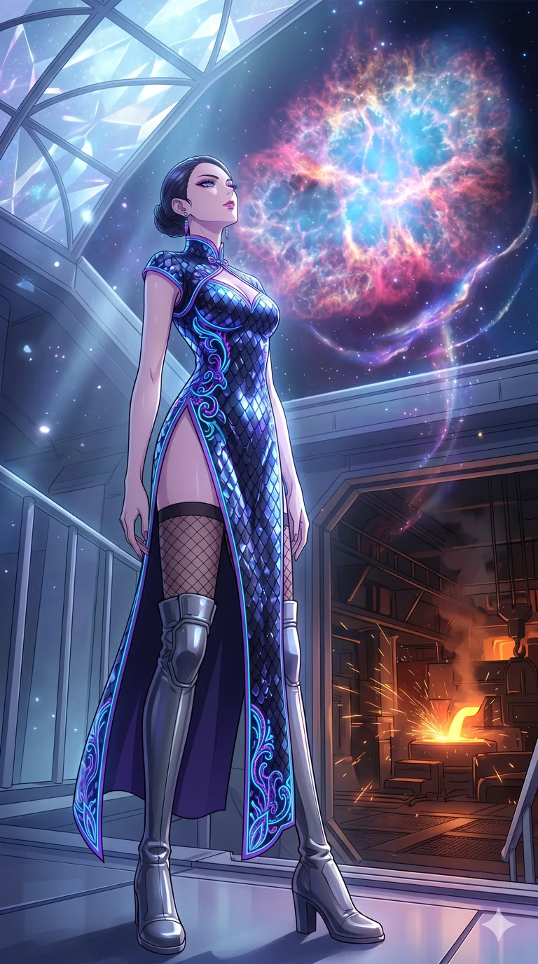 score_9, masterpiece, best quality, ultra-detailed, High-budget Anime Keyframe, vibrant colors, fluid line-art, expressive lighting, cinematic composition, Ufotable-style visual effects, top-tier animation quality, Japanese woman with delicate and elegant anime-inspired features. Low angle cowboy shot filling the entire 9:16 frame with her statuesque presence, looking up to emphasize her height. Observing the slow birth of a new nebula from her private balcony on a space station, the colors reflecting in her eyes. She has an absolutely perfect 8-heads proportion, an exceptionally tall and slender female figure with impossibly long slender legs and an ultra-slim waist, her statuesque height and towering silhouette dominating the vertical 9:16 frame. Her face is a masterpiece featuring a sharp v-shaped jawline, high-bridge nose, intricate jewel-like eyes with depth, thick eyelashes, and glossy lips with a natural sheen. She is wearing a Cyberpunk neon-lit qipao with a dangerous high slit and intricate digital embroidery crafted from Obsidian-glass scales that shimmer with a dark, crystalline brilliance, accompanied by sensual fishnet stockings and thigh-high metallic boots. The scene is set in a gritty industrial factory with glowing molten metal, flying sparks, and deep shadows, illuminated by ethereal moonlight filtering through a crystalline canopy, creating soft highlights. 2k, ultra detail, master piece, 9:16 ratio