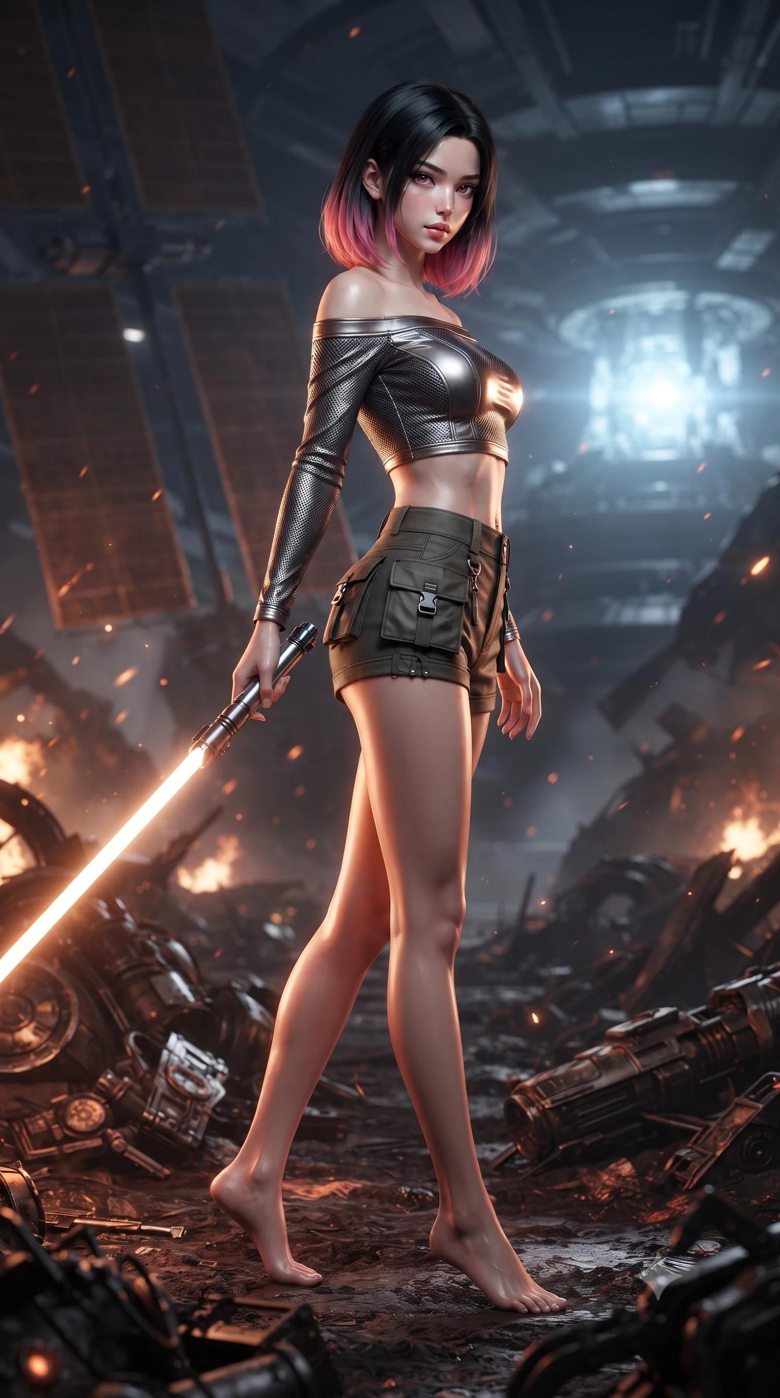 score_9, masterpiece, best quality, ultra-detailed, high-budget anime keyframe, editorial fashion photography, tasteful artistic composition, Korean woman. low angle full-body shot from head to toe showing her feet, filling the entire 9:16 vertical frame with her statuesque presence, stretching her vertical silhouette. stepping gracefully through battlefield debris with a glowing saber hilt in hand, looking back over her shoulder, the background shows a soft-focus the engine room viewing platform of a solar sail ship facing the fusion core. She has an absolutely perfect, statuesque 8.5-heads proportion, an exceptionally tall and slender model-like female figure with impossibly long slender legs and an ultra-slim waist. sharp v-shaped jawline, high-bridge nose, intricate jewel-like eyes with depth, thick eyelashes, glossy lips with a natural sheen. wearing a body-hugging chic off-shoulder carbon-plate crop top, paired with high-waisted utility micro-shorts. shifting orange and white plasma flares casting high-contrast chiaroscuro shadows. ultra-reflective glossy finish, specular highlights, metallic sheen, high-contrast stereoscopic depth, volumetric dynamic lighting, 2k, ultra detail, master piece, 9:16 ratio
