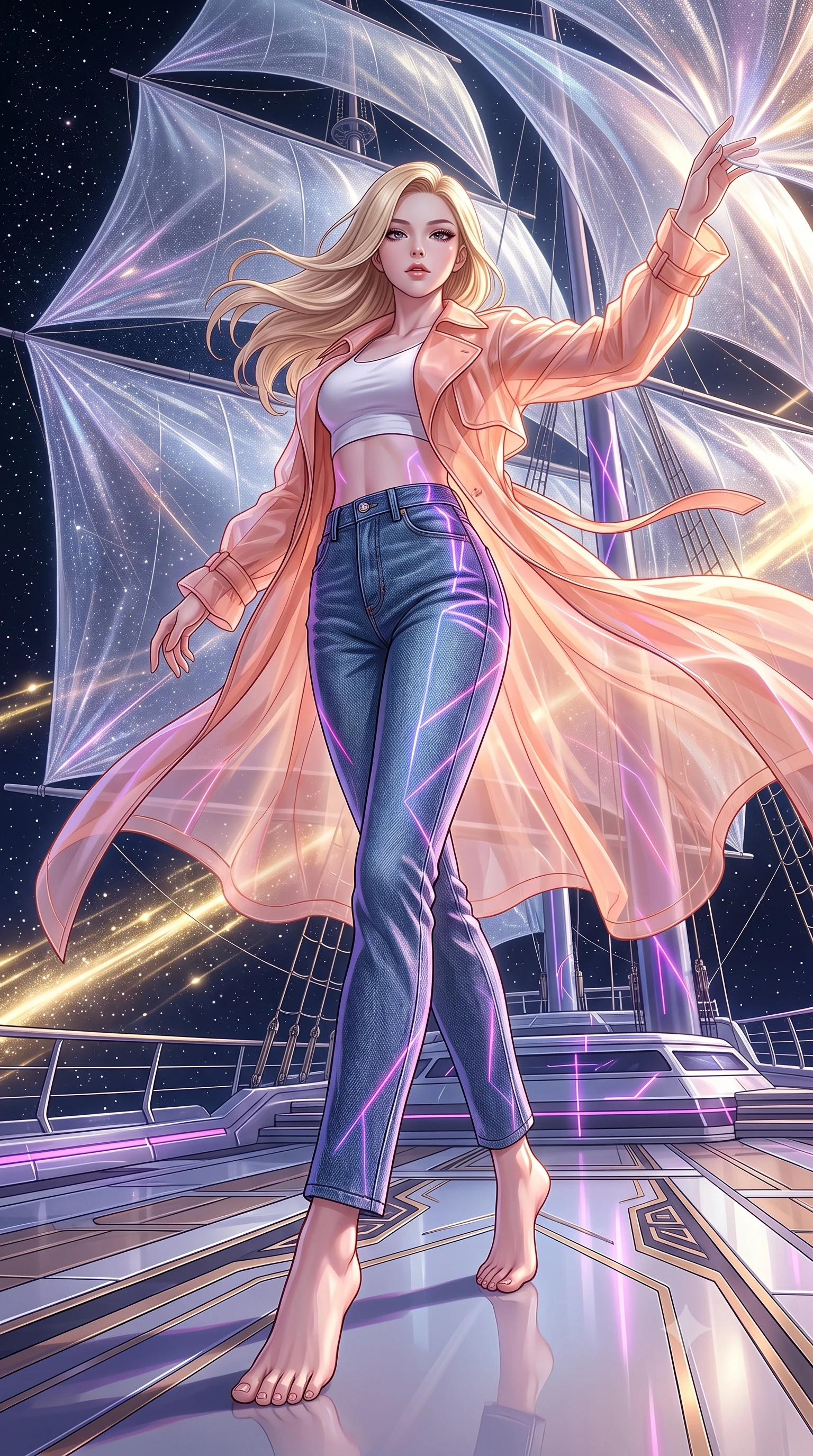 score_9, masterpiece, best quality, ultra-detailed, high-budget anime keyframe, editorial fashion photography, tasteful artistic composition, Korean woman. low angle full-body shot from head to toe showing her feet, filling the entire 9:16 vertical frame with her statuesque presence, stretching her vertical silhouette. dancing with weightless grace through the deck of a magnificent interstellar sailing vessel with enormous gossamer light-sails billowing with stellar wind cosmic rays visible as golden streaks against the star-filled void beyond the railings. She has a statuesque 8.5-heads proportion, an exceptionally tall, slender and willowy model-like build with impossibly long legs and a highly sculpted ultra-slim waist. sharp v-shaped jawline, high-bridge nose, intricate jewel-like eyes with depth, thick eyelashes, glossy lips with a natural sheen. wearing a sheer peach organza trench coat worn open over a white crop top and high-waisted raw denim jeans. laser lines of violet and hot pink reflecting off surfaces casting geometric neon highlights. 2k, ultra detail, master piece, 9:16 ratio