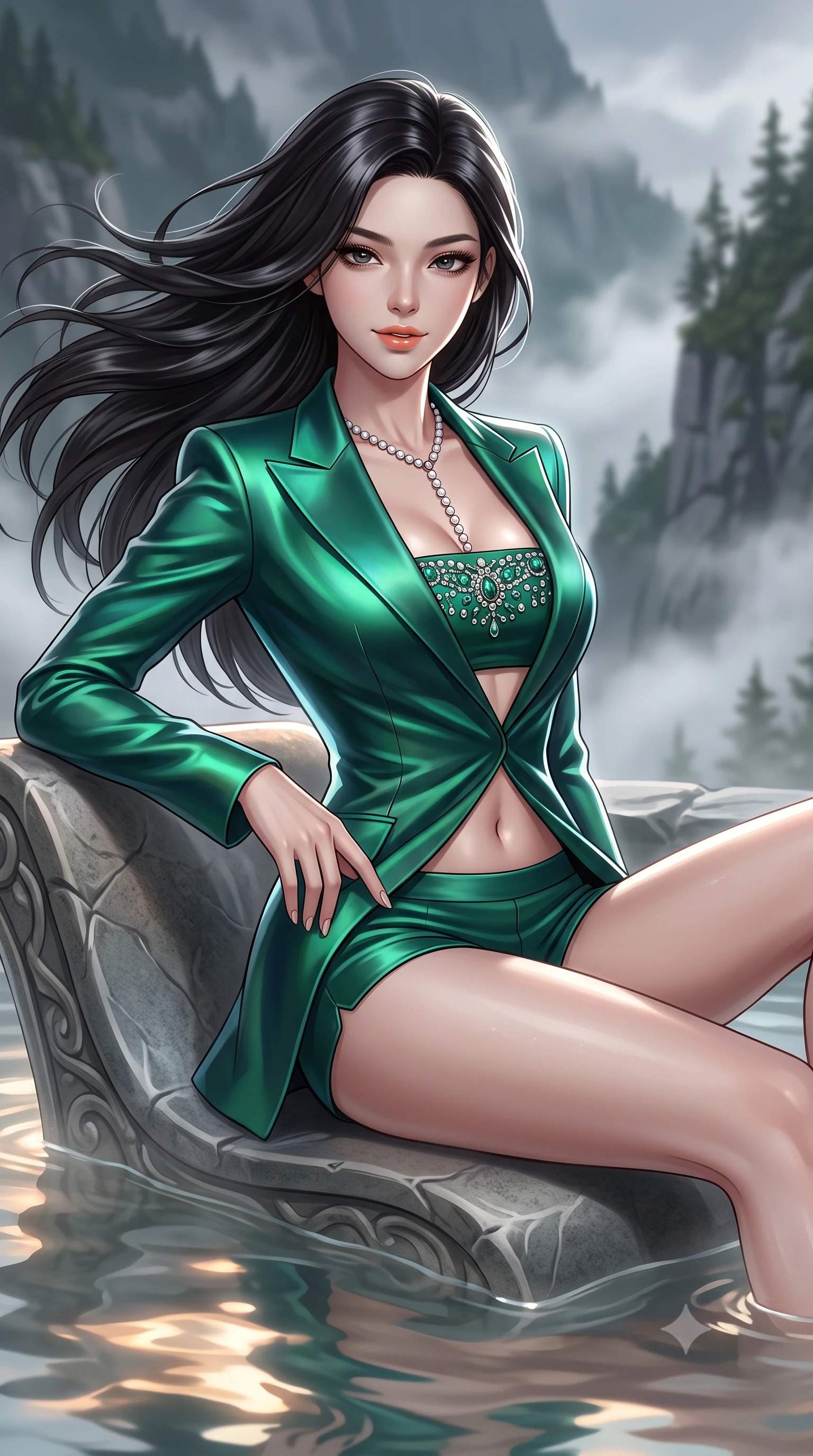 score_9, masterpiece, best quality, ultra-detailed, high-budget anime keyframe, editorial fashion photography, tasteful artistic composition, Korean woman. close-up cowboy shot from the waist and thighs up, the character dominates the composition, filling the frame with her large presence. turning slowly with an enchanting smoldering smile, her glossy hair tossing in the breeze as her hips angle gracefully in a captivating contrapposto while lounging gracefully on the submerged ergonomic bench with legs extended, casting an alluring, parted-lip smile toward the camera. The background shows a soft-focus deep fjord abyss miles below, swirling white night fog, and jagged pine-covered cliffs blurred into slate grey, seafoam, and platinum bokeh. She has an exceptionally elegant, slender, and willowy female figure with an ultra-slim waist, flat toned midriff, narrow ribcage, and sculpted feminine hips creating an alluring, slim hourglass silhouette without bulk. sharp v-shaped jawline, high-bridge nose, sparkling eyes with hypnotic seductive depth, thick curled eyelashes, glossy parted lips with a natural dewy peach sheen, alluring bedroom-eyes with an enchanting coquettish smile, exuding magnetic siren charisma and sophisticated glamour, flawlessly proportioned anatomical accuracy, strict slender model proportions, natural body alignment, perfectly sculpted long slender limbs, ultra-slim waistline, clean dynamic posture without body distortion. wearing a tailored open-front satin smoking jacket worn over a jewel-embellished bandeau and micro-shorts in iridescent emerald satin and dark charcoal velvet, tailored from fine structural neoprene with crisp architectural edges and smooth contouring, accented with a pearl-drop body harness subtly framing her dewy collarbones and spine, the high-slit wrap tailoring accentuating her ultra-slim waistline and the enchanting curve of her feminine hips with alluring seductive charm. illuminated by hot water surface reflections and sharp platinum rim lights defining her delicate clavicles, ultra-slim waist, and curvy hips. ultra-reflective glossy finish, specular highlights, rich textural contrasts, high-contrast stereoscopic depth, volumetric dynamic lighting, 2k, ultra detail, master piece, 9:16 ratio