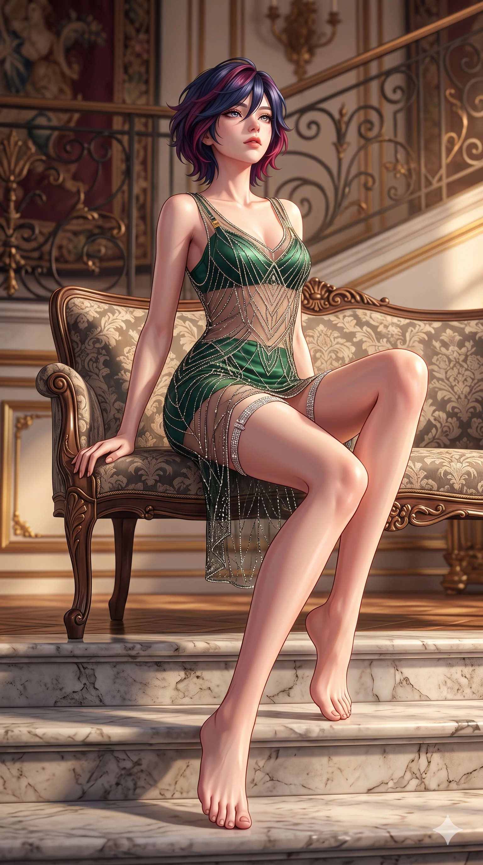 score_9, masterpiece, best quality, ultra-detailed, high-budget anime keyframe, semi-realistic 3D game render, editorial fashion photography, tasteful artistic composition, Korean woman. low angle full-body shot from head to toe showing her feet, filling the entire 9:16 vertical frame with her statuesque presence, stretching her vertical silhouette. sitting poised on the Carrara marble steps with one knee bent, arching her spine with supermodel elegance as she glances upward through thick eyelashes while lounging languidly across a damask-upholstered wrought-iron settee, her flat midriff and feminine hips bathed in soft golden afternoon light. The background shows a soft-focus hand-woven French silk tapestries, antique wrought-iron scrollwork, and gilded salon wainscoting blurred into burgundy, bronze, and sage bokeh. She has an exceptionally tall and slender model-like 8.5-heads proportion, an ultra-slim waist, a flat toned midriff, narrow delicate ribcage, and beautifully sculpted feminine hips creating a graceful, slim hourglass silhouette without any bulky heaviness, with impossibly long slender legs. sharp v-shaped jawline, high-bridge nose, intricate jewel-like sparkling eyes with depth, thick eyelashes, glossy parted lips with a natural sheen, intensely captivating and seductive bedroom-eyes expression, exuding both youthful cute charm and sovereign luxury allure, flawlessly proportioned anatomical accuracy, strict slender model proportions, natural body alignment, perfectly sculpted long slender limbs, ultra-slim waistline, clean dynamic posture without body distortion. wearing a sheer vintage mesh flapper dress adorned with intricate geometric beadwork over an opaque silk micro-slip in deep emerald green satin and gold hardware accents, made of delicate semi-sheer nanotech mesh with microscopic hexagonal weaves, finished with delicate crystal-encrusted thigh garter straps glinting in the dim light, the bespoke structured tailoring following the natural line of her 8.5-heads silhouette with refined elegance. illuminated by polished parquet bounce and sharp bronze-amber rim lights sculpting her razor-sharp jawline, narrow waist, and curvy hips. highly saturated vibrant anime colors, detailed shading with soft gradients, rich glossy textures, high-contrast stereoscopic depth, volumetric dynamic lighting, master piece, 9:16 ratio