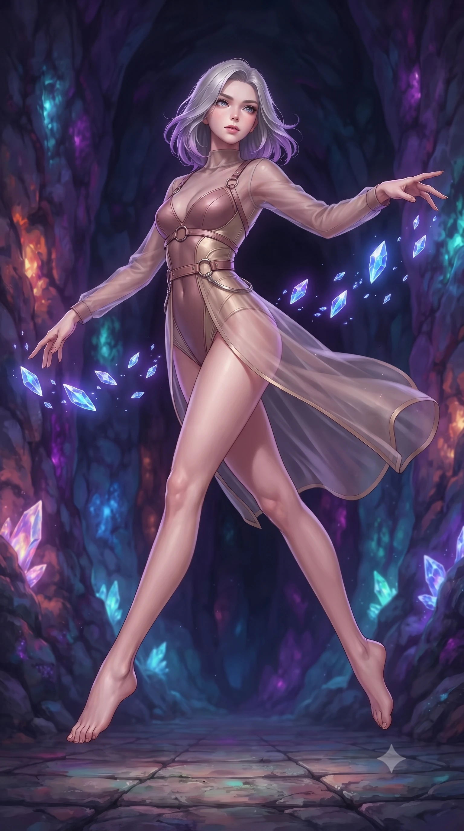 score_9, masterpiece, best quality, ultra-detailed, high-budget anime keyframe, editorial fashion photography, tasteful artistic composition, Caucasian woman. low angle full-body shot from head to toe showing her feet, filling the entire 9:16 vertical frame with her statuesque presence, stretching her vertical silhouette. leaping gracefully through the environment with statuesque elegance and long slender legs guiding floating sapphire light crystals inside a deep mineral sanctuary, bioluminescent opal veins pulsing softly in the surrounding stone walls. She has an absolutely perfect, statuesque 8.5-heads proportion, an exceptionally tall and slender model-like female figure with impossibly long slender legs and an ultra-slim waist. sharp v-shaped jawline, high-bridge nose, intricate jewel-like eyes with depth, thick eyelashes, glossy lips with a natural sheen. wearing a semi-opaque sheer overlay dress over a leather micro-bodysuit in dusty rose and champagne gold, formed from sleek second-skin neoprene, accented with delicate chrome ring hardware framing her waist, the tailored fabric tightly following every curve of her athletic build. illuminated by radiant purple, magenta, and cyan crystal inner glow. highly saturated vibrant anime colors, detailed shading with soft gradients, rich glossy textures, high-contrast stereoscopic depth, volumetric dynamic lighting, master piece, 9:16 ratio