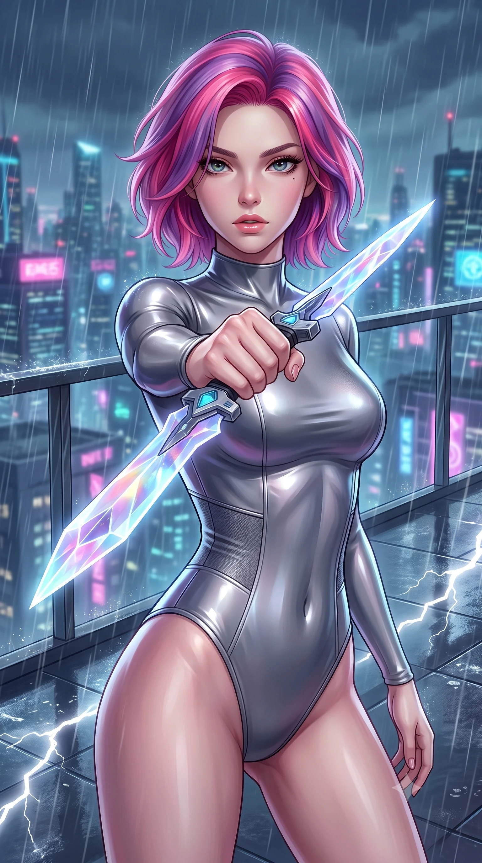 score_9, masterpiece, best quality, ultra-detailed, high-budget anime keyframe, editorial fashion photography, tasteful artistic composition, Caucasian woman. close-up cowboy shot from the waist and thighs up, the character dominates the composition, filling the frame with her large presence, background elements kept in soft focus. pointing a crystal-edged laser dagger forward in a defensive stance, tilting her chin up slightly with lips parted in a composed pose, the background shows a soft-focus a high-rise rooftop balcony overlooking a sprawling neon skyline in a rainstorm. She has an exceptionally elegant, slender, and willowy female figure with an ultra-slim waist, a gracefully sculpted slender torso, and a refined silhouette. sharp v-shaped jawline, high-bridge nose, intricate jewel-like eyes with depth, thick eyelashes, glossy lips with a natural sheen. wearing a body-hugging body-hugging titanium-sheen mock-neck bodysuit, featuring elastic compression panels at the waist. flashes of white lightning reflecting off the wet metallic surfaces around her. highly saturated vibrant anime colors, detailed shading with soft gradients, rich glossy textures, high-contrast stereoscopic depth, volumetric dynamic lighting, master piece, 9:16 ratio