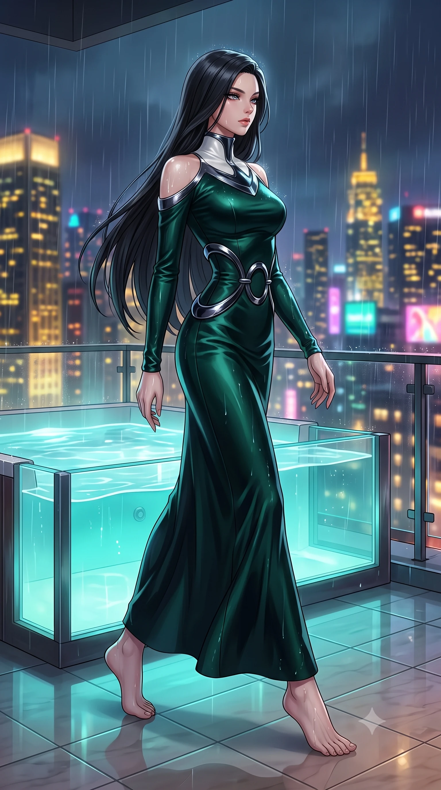 score_9, masterpiece, best quality, ultra-detailed, high-budget anime keyframe, editorial fashion photography, tasteful artistic composition, Korean woman. low angle full-body shot from head to toe showing her feet, filling the entire 9:16 vertical frame with her statuesque presence, stretching her vertical silhouette. stepping gracefully through the luxurious environment, stretching her statuesque silhouette, poised at the edge of a lighted glass hot tub looking over a 2 AM metropolis, rain glistening on her dark outfit and bare shoulders under key light. She has an absolutely perfect, statuesque 8.5-heads proportion, an exceptionally tall and slender model-like female figure with impossibly long slender legs and an ultra-slim waist. sharp v-shaped jawline, high-bridge nose, intricate jewel-like eyes with depth, thick eyelashes, glossy lips with a natural sheen. wearing long-sleeved dark emerald satin gown with high structured collar in pearl white, made of sculpted obsidian metallic chrome, accented with sculpted obsidian chrome rings at the waist, accentuating her gracefully sculpted slender torso. illuminated by glowing aqua LED jacuzzi lights and distant city skyglow. highly saturated vibrant anime colors, detailed shading with soft gradients, rich glossy textures, high-contrast stereoscopic depth, volumetric dynamic lighting, master piece, 9:16 ratio