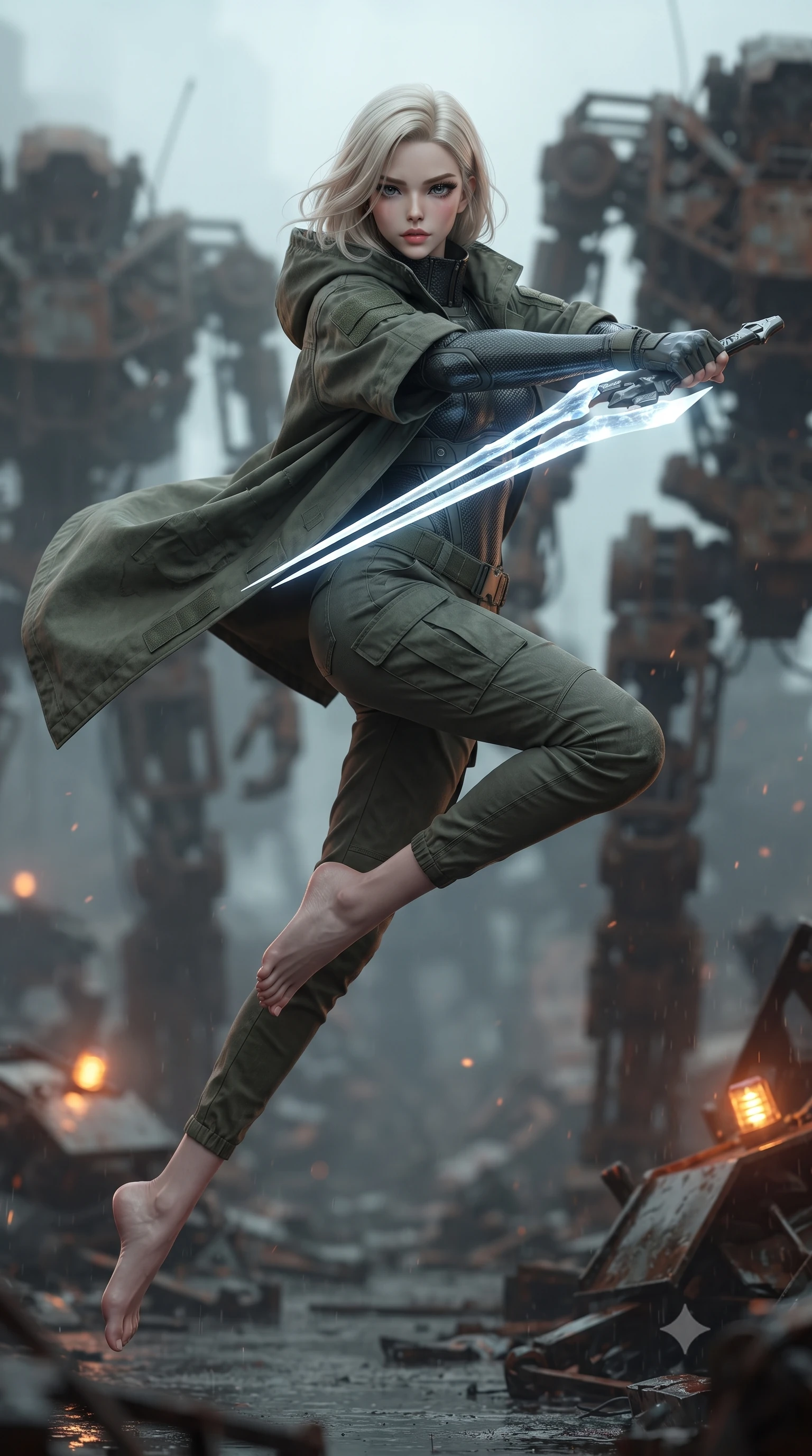 score_9, masterpiece, best quality, ultra-detailed, high-budget anime keyframe, editorial fashion photography, tasteful artistic composition, Caucasian woman. low angle full-body shot from head to toe showing her feet, filling the entire 9:16 vertical frame with her statuesque presence, stretching her vertical silhouette. leaping forward while slashing with a twin-bladed plasma sword in mid-air, her body-contouring suit showing her athletic silhouette, the background shows a soft-focus a graveyard of rusted mech skeletons with massive exposed steel frames. She has an absolutely perfect, statuesque 8.5-heads proportion, an exceptionally tall and slender model-like female figure with impossibly long slender legs and an ultra-slim waist. sharp v-shaped jawline, high-bridge nose, intricate jewel-like eyes with depth, thick eyelashes, glossy lips with a natural sheen. wearing a body-hugging tactical combat cloak in muted green cotton, draped over a high-collar carbon-weave under-armor suit and cargo pants. flickering amber warning lights reflecting off wet scrap metal surfaces. ultra-reflective glossy finish, specular highlights, metallic sheen, high-contrast stereoscopic depth, volumetric dynamic lighting, 2k, ultra detail, master piece, 9:16 ratio