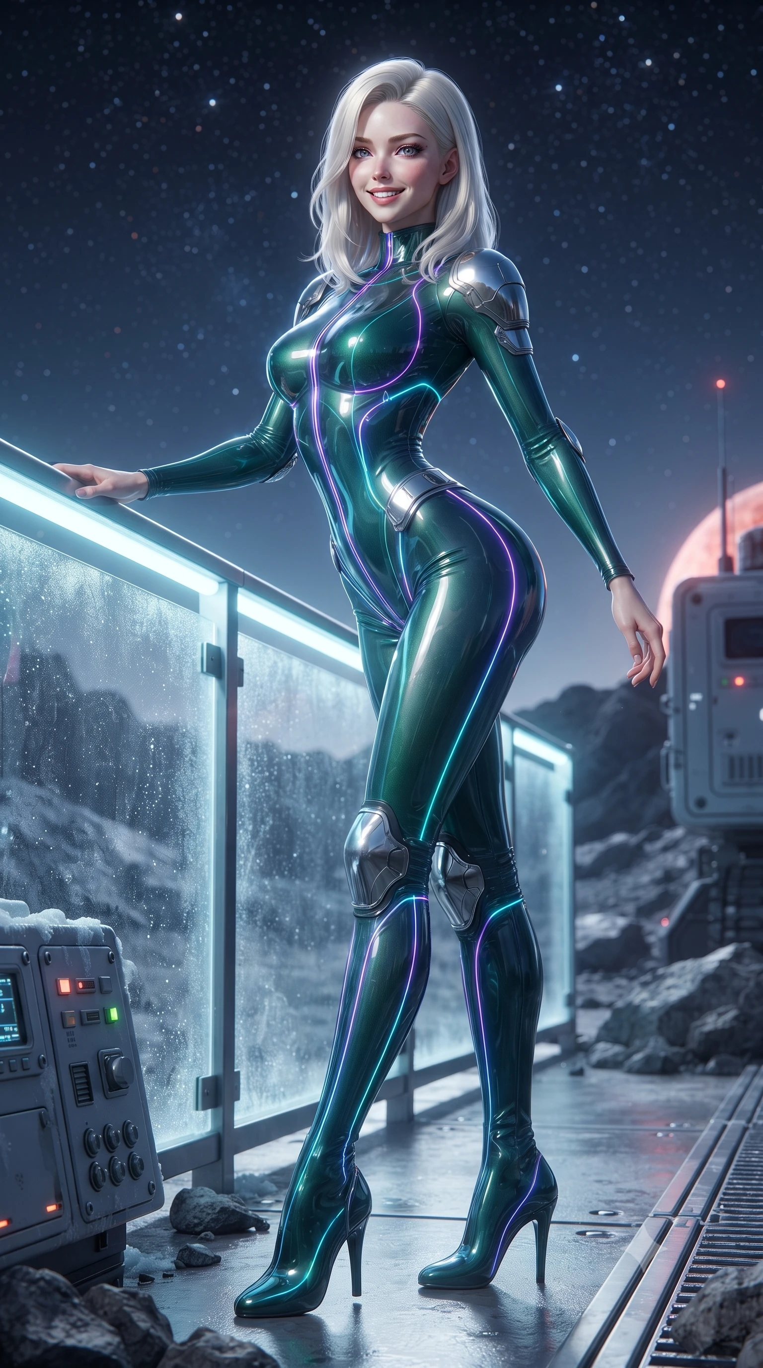 score_9, masterpiece, best quality, ultra-detailed, high-budget anime keyframe, editorial fashion photography, tasteful artistic composition, Caucasian woman. low angle full-body shot from head to toe showing her feet, filling the entire 9:16 vertical frame with her statuesque presence, stretching her vertical silhouette. standing in a tall, confident posture with one hand on a glowing metal railing, stretching her statuesque body as she arches her lower back to emphasize her sculpted feminine hips and slender waist while twisting her slender torso in an alluring S-curve, cosmic starlight and volcanic moon glows highlighting her narrow waist and curvy hips. The surrounding environment is rendered in vivid detail and crisp panoramic clarity: sharp lunar rock textures, titanium tread track pins, and frost rime on equipment panels in deep focus. She has an absolutely perfect, statuesque 8.5-heads proportion, an exceptionally tall and slender model-like female figure with impossibly long slender legs, an ultra-slim waist, a flat toned midriff, narrow delicate ribcage, and beautifully sculpted feminine hips creating a graceful, slim hourglass silhouette without any bulky heaviness. sharp v-shaped jawline, high-bridge nose, intricate jewel-like sparkling eyes with depth, thick eyelashes, glossy parted lips with a natural sheen, bright confident smile with an enchanting and coquettish sensual glint, exuding both youthful magnetic charm and sovereign high-tech allure, flawlessly proportioned anatomical accuracy, strict slender model proportions, natural body alignment, perfectly sculpted long slender limbs, ultra-slim waistline, clean dynamic posture without body distortion. wearing a translucent high-gloss polymer flight suit with internal luminescent wire filigree and tailored waist cinching in dark emerald teal and ultraviolet glow lines, made of supple second-skin compression stretch jersey clinging flawlessly to her form, accented with strategically placed chrome armor plate guards covering key curves, the aerodynamic second-skin silhouette tightly following the natural contour of her hips and long slender legs with youthful 8.5-heads elegance. illuminated by ground reflections and sharp platinum rim lights defining her slim torso, narrow waist, and curvy hips. ultra-reflective glossy finish, specular highlights, rich textural contrasts, high-contrast stereoscopic depth, volumetric dynamic lighting, 2k, ultra detail, master piece, 9:16 ratio