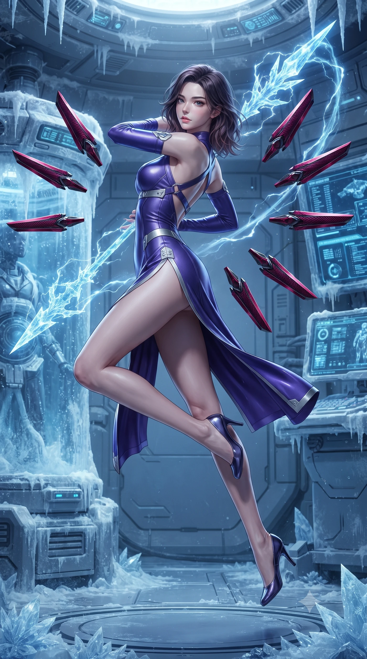 score_9, masterpiece, best quality, ultra-detailed, high-budget anime keyframe, editorial fashion photography, tasteful artistic composition, Korean woman. low angle full-body shot from head to toe showing her feet, filling the entire 9:16 vertical frame with her statuesque presence, stretching her vertical silhouette. arching her back gracefully in mid-air during a dynamic combat vault, her weapon energy trail framing her statuesque presence while standing poised in a frost-covered cryogenics laboratory holding a glowing crystalline cryo-spear crackling with sub-zero energy. The surrounding environment is rendered in vivid detail and crisp panoramic clarity. detailed cryo-pod control interfaces, condensation beads, and carbon suit thermal seams in high resolution. She has an absolutely perfect, statuesque 8.5-heads proportion, an exceptionally tall and slender model-like female figure with impossibly long slender legs, a toned flat midriff, and an ultra-slim waist. sharp v-shaped jawline, high-bridge nose, intricate jewel-like eyes with depth, thick eyelashes, glossy lips with a natural sheen, flawlessly proportioned anatomical accuracy, strict slender model proportions, natural body alignment, perfectly sculpted long slender limbs, ultra-slim waistline, clean dynamic posture without body distortion. wearing a precision-fitted royal purple carbon-fiber battle-dress with high-slit tactical skirt and silver accents, directing eight floating nano-crystal funnel blades with sovereign gestures in deep crimson carbon weave with specular dark chrome accents, tailored from flexible second-skin carbon-mesh that clings flawlessly to her athletic curves, complemented by criss-cross back harness straps highlighting her completely bare spine, the form-contouring material adhering flawlessly to her sculpted flat midriff and slender torso, emphasizing her long leg lines and perfectly proportioned willowy build. illuminated by crisp specular ice refractions outlining her ultra-slim waist, long legs, and flat midriff. ultra-reflective glossy finish, specular highlights, dark metallic sheen, high-contrast stereoscopic depth, volumetric dynamic lighting, 2k, ultra detail, master piece, 9:16 ratio