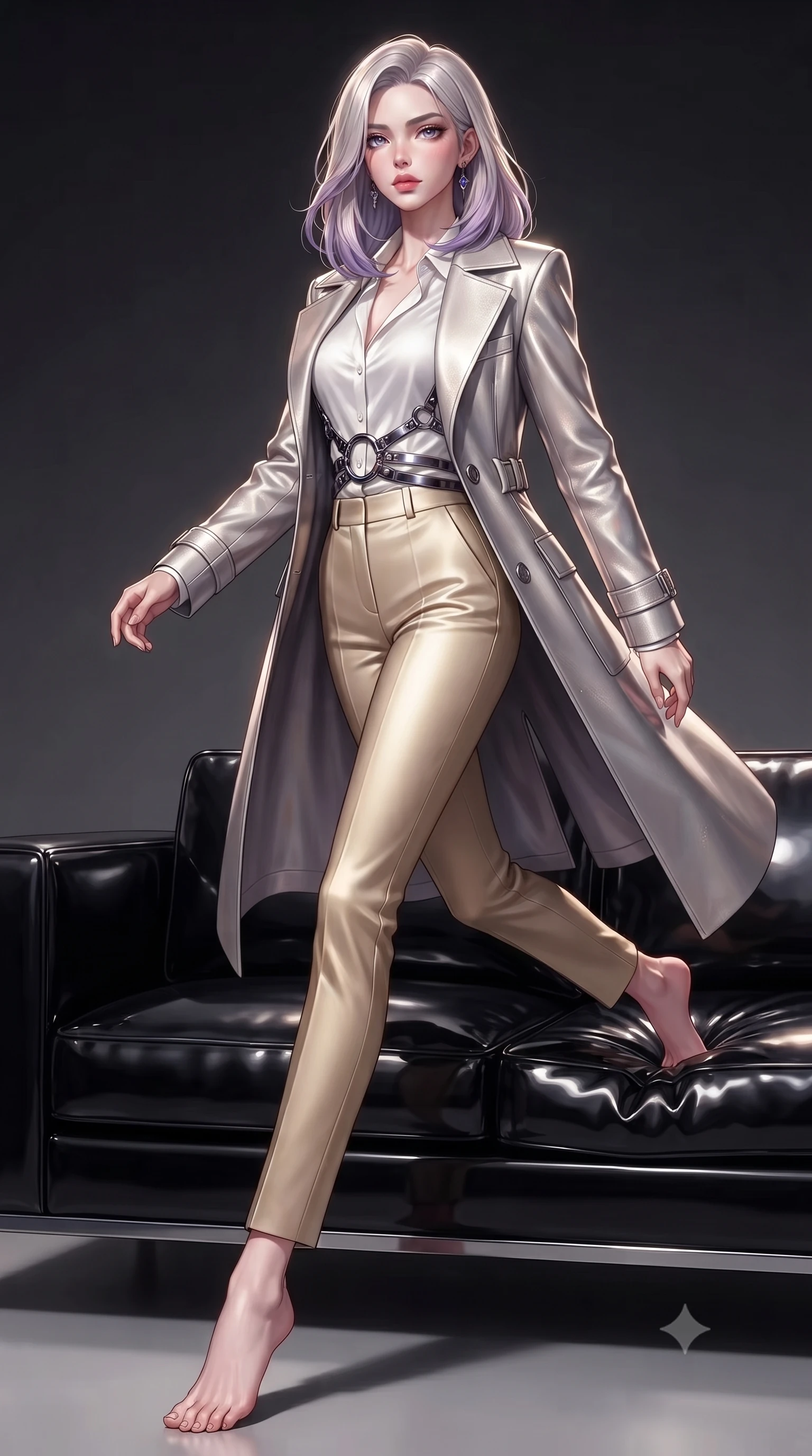 score_9, masterpiece, best quality, ultra-detailed, high-budget anime keyframe, editorial fashion photography, tasteful artistic composition, Caucasian woman. low angle full-body shot from head to toe showing her feet, filling the entire 9:16 vertical frame with her statuesque presence, stretching her vertical silhouette. navigating the private sanctuary with an effortless, graceful stride, lounging on a high-gloss black vinyl sofa under dramatic studio key lights, sculpted athletic silhouette emphasized by precision form-fitting cuts. She has an absolutely perfect, statuesque 8.5-heads proportion, an exceptionally tall and slender model-like female figure with impossibly long slender legs and an ultra-slim waist. sharp v-shaped jawline, high-bridge nose, intricate jewel-like eyes with depth, thick eyelashes, glossy lips with a natural sheen. wearing structured platinum leather long coat over white silk blouse and tailored slacks in champagne gold, made of iridescent dark violet taffeta, trimmed with dark chrome ring hardware along the waist contours, the fitted fabric emphasizing her ultra-slim waist. illuminated by high-contrast studio key light creating intense specular highlights on latex. highly saturated vibrant anime colors, detailed shading with soft gradients, rich glossy textures, high-contrast stereoscopic depth, volumetric dynamic lighting, master piece, 9:16 ratio