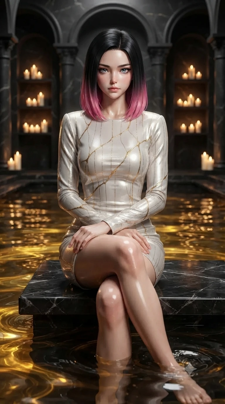 score_9, masterpiece, best quality, ultra-detailed, high-budget anime keyframe, editorial fashion photography, tasteful artistic composition, Korean woman. close-up cowboy shot from the waist and thighs up, the character dominates the composition, filling the frame with her large presence. twisting her slender torso in an alluring contrapposto stance, one hand resting on her sculpted hip while her fingers toy with her hair with effortless poise while sitting gracefully on the submerged black marble bench with legs crossed, her statuesque 8.5-heads silhouette commanding the luxury bath. The background shows a soft-focus flickering wax candles lining tiered wall niches, swirling golden water currents, and dark basalt colonnades blurred into topaz, charcoal, and amber bokeh. She has an exceptionally elegant, slender, and willowy female figure with an ultra-slim waist, flat toned midriff, narrow ribcage, and sculpted feminine hips creating an alluring, slim hourglass silhouette without bulk. sharp v-shaped jawline, high-bridge nose, intricate jewel-like sparkling eyes with depth, thick eyelashes, glossy parted lips with a natural peach sheen, bright cheerful beaming smile with an enchanting and coquettish sensual glint, exuding both youthful cute charm and seductive allure, flawlessly proportioned anatomical accuracy, strict slender model proportions, natural body alignment, perfectly sculpted long slender limbs, ultra-slim waistline, clean dynamic posture without body distortion. wearing a tailored liquid velvet bodycon dress with metallic fiber pinstripes following her statuesque 8.5-heads silhouette in Kintsugi celestial white porcelain and liquid gold, crafted from bespoke double-faced cashmere with an exceptionally soft tactile finish, finished with sleek magnetic buckle closures fluttering in the breeze, the impeccably tailored cut draping gracefully along her slender figure with aristocratic poise. bathed in warm 2200K golden candlelight mixed with underwater liquid gold thermal LEDs. ultra-reflective glossy finish, specular highlights, rich textural contrasts, high-contrast stereoscopic depth, volumetric dynamic lighting, 2k, ultra detail, master piece, 9:16 ratio