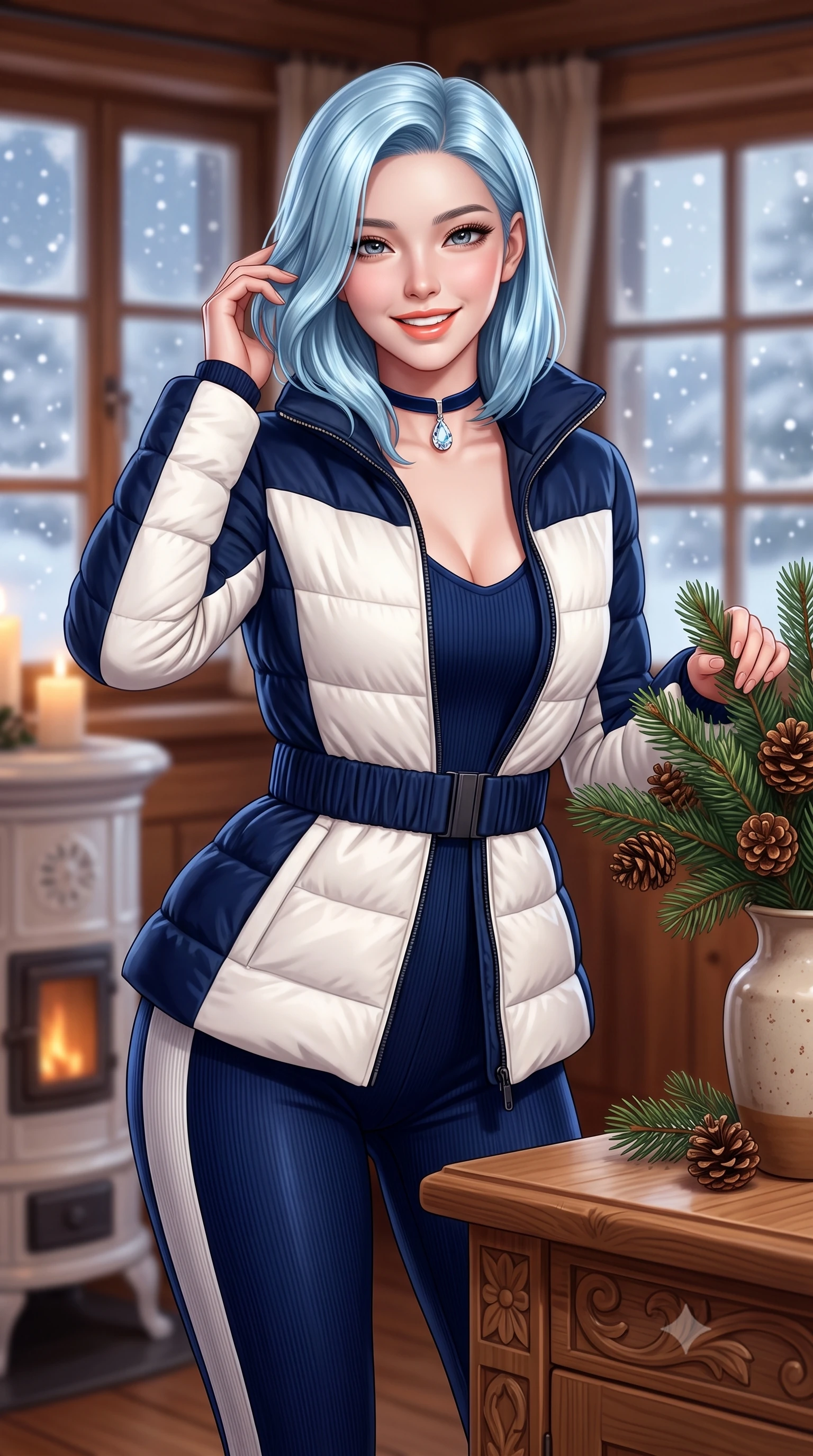 score_9, masterpiece, best quality, ultra-detailed, high-budget anime keyframe, semi-realistic 3D game render, editorial fashion photography, tasteful artistic composition, Korean woman. close-up cowboy shot from the waist and thighs up, the character dominates the composition, filling the frame with her large presence. twisting her slender torso in an alluring contrapposto stance, one hand toying with her hair while her gaze radiates magnetic charm while standing poised at the hand-carved Arvenholz pine dining credenza, arranging fragrant winter pine branches with graceful domestic poise. The background shows a soft-focus softly falling snowflakes outside frosted panes softened in intimate alpine winter hideaway shallow focus. She has an exceptionally elegant, slender, and willowy female figure with an ultra-slim waist, flat toned midriff, narrow ribcage, and sculpted feminine hips creating an alluring, slim hourglass silhouette without bulk. sharp v-shaped jawline, high-bridge nose, intricate jewel-like sparkling eyes with depth, thick eyelashes, glossy parted lips with a natural peach sheen, bright cheerful beaming smile with an enchanting and coquettish sensual glint, exuding both youthful cute charm and seductive allure, flawlessly proportioned anatomical accuracy, strict slender model proportions, natural body alignment, perfectly sculpted long slender limbs, ultra-slim waistline, clean dynamic posture without body distortion. wearing a tailored quilted down jacket with a deeply cinched elastic belt worn over an ultra-tight thermal rib-knit bodysuit and leggings in French navy blue and crisp alabaster white, crafted from fluid liquid velvet offering rich tactile depth while adhering to her hourglass shape, finished with a narrow velvet neck ribbon and a sparkling teardrop crystal pendant, the second-skin tailored fabric adhering flawlessly to her sculpted flat midriff and slender torso, emphasizing her long leg lines and perfectly proportioned willowy build. bathed in cozy 2700K warm ambient candlelight and soft porcelain stove radiance combined with cool winter window light. highly saturated vibrant anime colors, detailed shading with soft gradients, rich glossy textures, high-contrast stereoscopic depth, volumetric dynamic lighting, master piece, 9:16 ratio