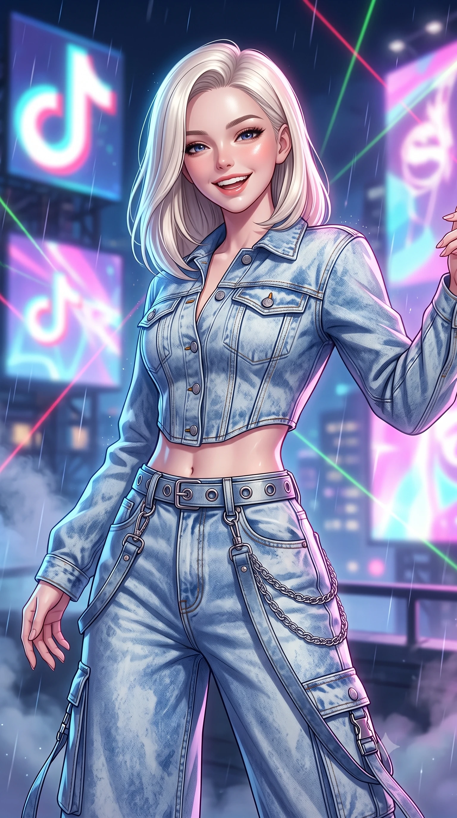 score_9, masterpiece, best quality, ultra-detailed, high-budget anime keyframe, semi-realistic 3D game render, editorial fashion photography, tasteful artistic composition, Caucasian woman. close-up cowboy shot from the waist and thighs up, the character dominates the composition, filling the frame with her large presence. laughing softly with genuine, enchanting warmth, eyes crinkling sweetly as specular highlights illuminate her cheeks while pivoting with energetic street-dance momentum as giant holographic animated logos flash across the night sky behind her. The composition keeps background elements in soft focus with creamy bokeh. drifting smoke machine haze and falling raindrops catching laser beam motes across the rooftop. She has an exceptionally elegant, slender, and willowy female figure with an ultra-slim waist, a gracefully sculpted slender torso, toned flat midriff, and a refined slim silhouette. sharp v-shaped jawline, high-bridge nose, intricate jewel-like eyes with depth, thick eyelashes, glossy lips with a natural sheen, captivating and magnetic expression, flawlessly proportioned anatomical accuracy, strict slender model proportions, natural body alignment, perfectly sculpted long slender limbs, ultra-slim waistline, clean dynamic posture without body distortion. wearing a deconstructed denim corseted crop jacket paired with high-waisted wide-leg utility jeans and a silver grommet belt in acid-wash light denim and dark chrome, tailored from distressed structured cotton denim with metallic thread, accented with hanging industrial clip straps and chrome chain links, the liquid-tight tailored fabric emphasizing every curve of her tall, slender model proportions and sculptured silhouette during dynamic movement. bathed in flashing RGB strobe lights and glowing holographic billboard backlighting. highly saturated vibrant anime colors, detailed shading with soft gradients, rich glossy textures, high-contrast stereoscopic depth, volumetric dynamic lighting, master piece, 9:16 ratio