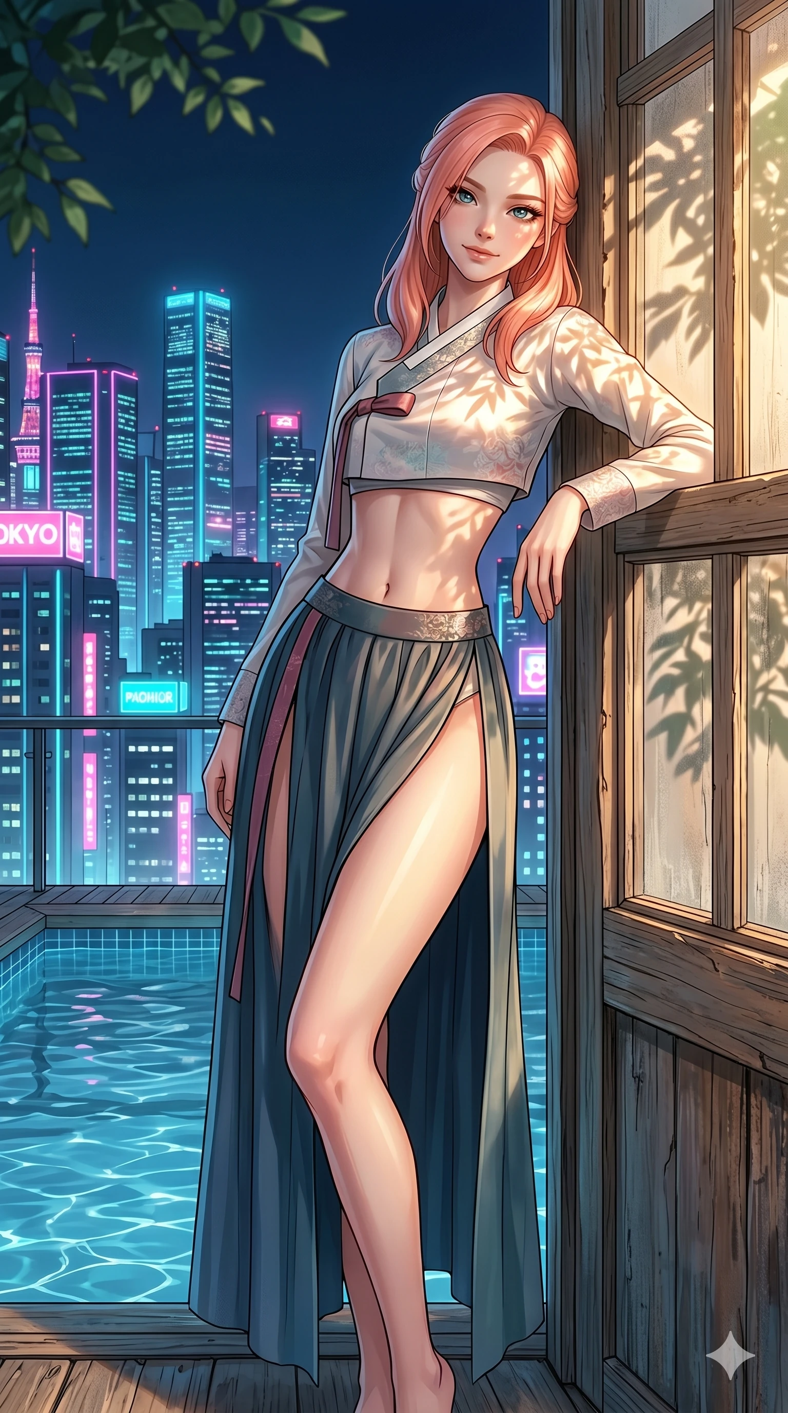 score_9, masterpiece, best quality, ultra-detailed, high-budget anime keyframe, editorial fashion photography, tasteful artistic composition, Japanese woman. cowboy shot from the thighs up, character and outfit filling the frame for maximum editorial presence. leaning against the wooden window frame, looking at the viewer with a soft smile on a private rooftop pool deck overlooking a glowing neon city at night (Code-P18-124). She has an absolutely perfect 8-heads proportion, an exceptionally tall and slender female figure with impossibly long slender legs and an ultra-slim waist. V-shaped jawline, high-bridge nose, intricate jewel-like eyes with depth, thick eyelashes, glossy lips with a natural sheen. wearing a fusion hanbok with exposed waist and high-slit. drenched in brilliant morning sunshine, casting long warm highlights and leaf patterns. 2k, ultra detail, master piece, 9:16 ratio