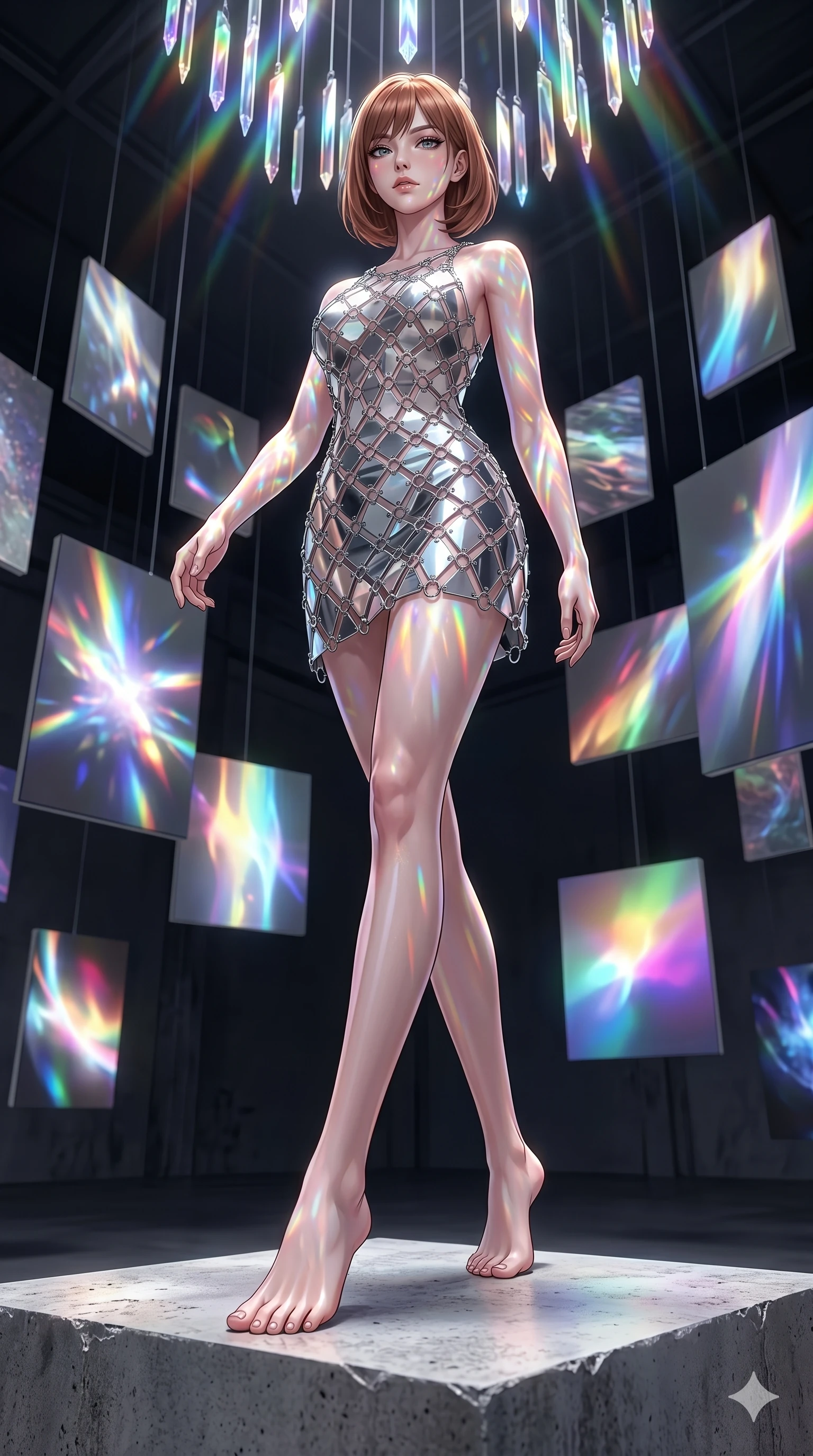 score_9, masterpiece, best quality, ultra-detailed, high-budget anime keyframe, editorial fashion photography, tasteful artistic composition, Caucasian woman, strictly human ears. low angle full-body shot from head to toe showing her feet, filling the entire 9:16 vertical frame with her statuesque presence, stretching her vertical silhouette. Stepping powerfully forward onto an elevated surface inside an artist's studio filled with floating canvases showing moving abstract light painting. She has an absolutely perfect 8-heads proportion, an exceptionally tall and slender female figure with impossibly long slender legs and an ultra-slim waist. V-shaped jawline, high-bridge nose, intricate jewel-like eyes with depth, thick eyelashes, glossy lips with a natural sheen. wearing a mini dress made of interconnected silver-chrome plates and small metal rings, forming a structured geometric silhouette. illuminated by cascading rainbow prismatic light refracting through crystal overhead and casting patterns on her skin. 2k, ultra detail, master piece, 9:16 ratio
