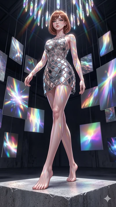 score_9, masterpiece, best quality, ultra-detailed, high-budget anime keyframe, editorial fashion photography, tasteful artistic composition, Caucasian woman, strictly human ears. low angle full-body shot from head to toe showing her feet, filling th