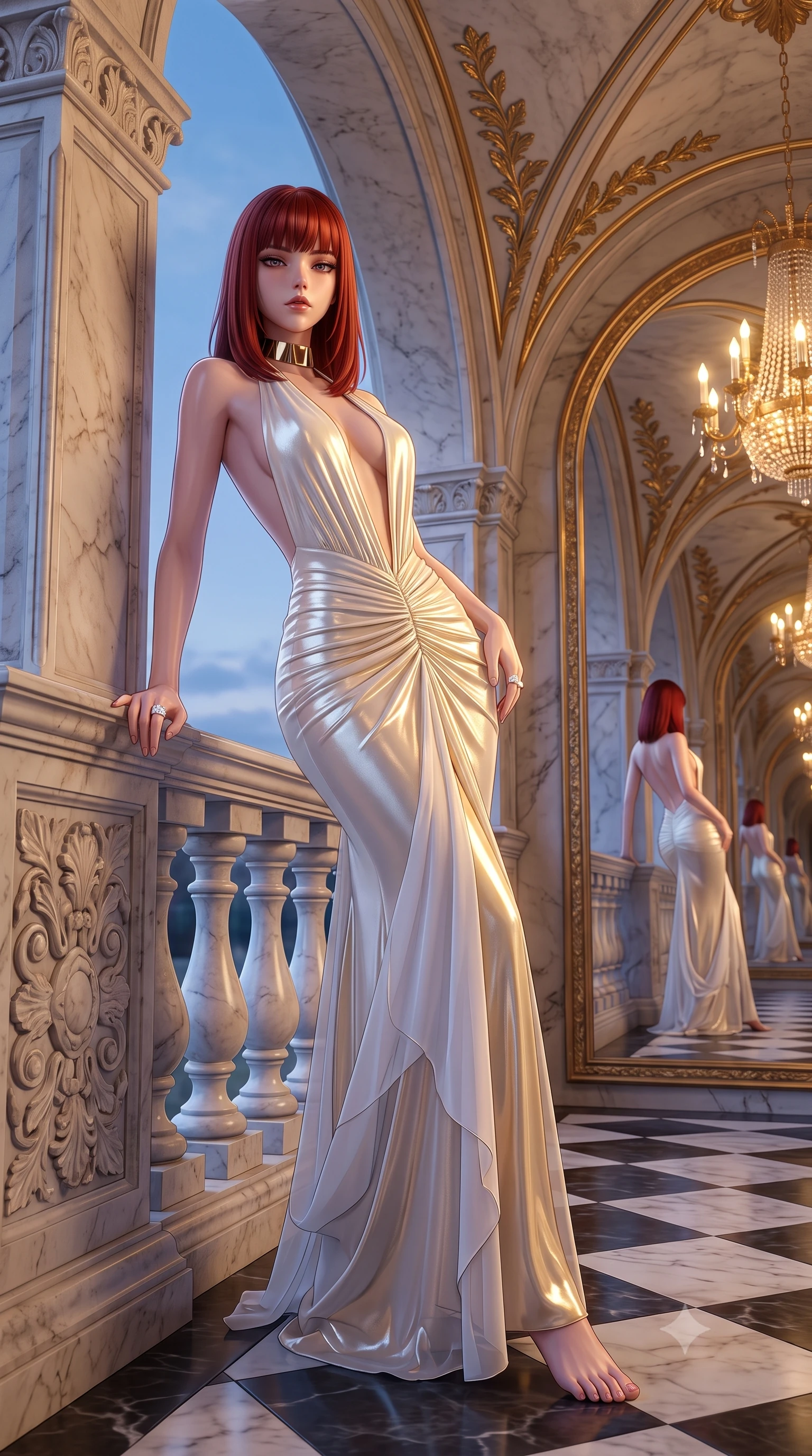 score_9, masterpiece, best quality, ultra-detailed, high-budget anime keyframe, semi-realistic 3D game render, editorial fashion photography, tasteful artistic composition, Caucasian woman. low angle full-body shot from head to toe showing her feet, filling the entire 9:16 vertical frame with her statuesque presence, stretching her vertical silhouette. leaning deep against the structural architecture with hips cocked in an unapologetically bold, seductive high-fashion stance while gliding through the vaulted marble loggia with supermodel momentum, infinite crystal reflections multiplying her graceful silhouette. The surrounding environment is rendered in vivid detail and crisp panoramic clarity. sharp carved marble baluster contours, gilded leaf scrollwork, and polished checkerboard floor in deep focus. She has an exceptionally tall and slender model-like 8.5-heads proportion, an ultra-slim waist, a flat toned midriff, narrow delicate ribcage, and beautifully sculpted feminine hips creating a graceful, slim hourglass silhouette without any bulky heaviness, with impossibly long slender legs. sharp v-shaped jawline, high-bridge nose, intricate jewel-like eyes with depth, thick eyelashes, glossy parted lips with a natural sheen, intensely captivating and seductive bedroom-eyes expression, flawlessly proportioned anatomical accuracy, strict slender model proportions, natural body alignment, perfectly sculpted long slender limbs, ultra-slim waistline, clean dynamic posture without body distortion. wearing a plunging halter-neck metallic lamé column dress with a dramatic bare spine and hip-defining ruching in pure alabaster white and sun-kissed gold, woven from layered gossamer chiffon with a weightless sweeping drape, complemented by a bold geometric choker and sparkling cocktail ring, the liquid-tight tailored fabric clinging flawlessly to her narrow waist and rounded feminine hips, emphasizing every millimeter of her sculpted slim hourglass curves without any bulky heaviness. bathed in opulent golden chandelier light radiating from the grand foyer and cool blue evening sky fill. highly saturated vibrant anime colors, detailed shading with soft gradients, rich glossy textures, high-contrast stereoscopic depth, volumetric dynamic lighting, master piece, 9:16 ratio