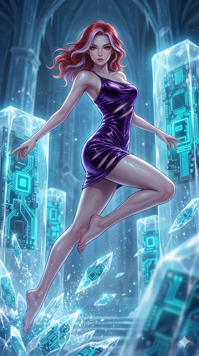 score_9, masterpiece, best quality, ultra-detailed, high-budget anime keyframe, Korean woman. low angle full-body shot filling the entire 9:16 frame with her statuesque presence, stretching the vertical silhouette. leaping inside a sub-zero cyberneti