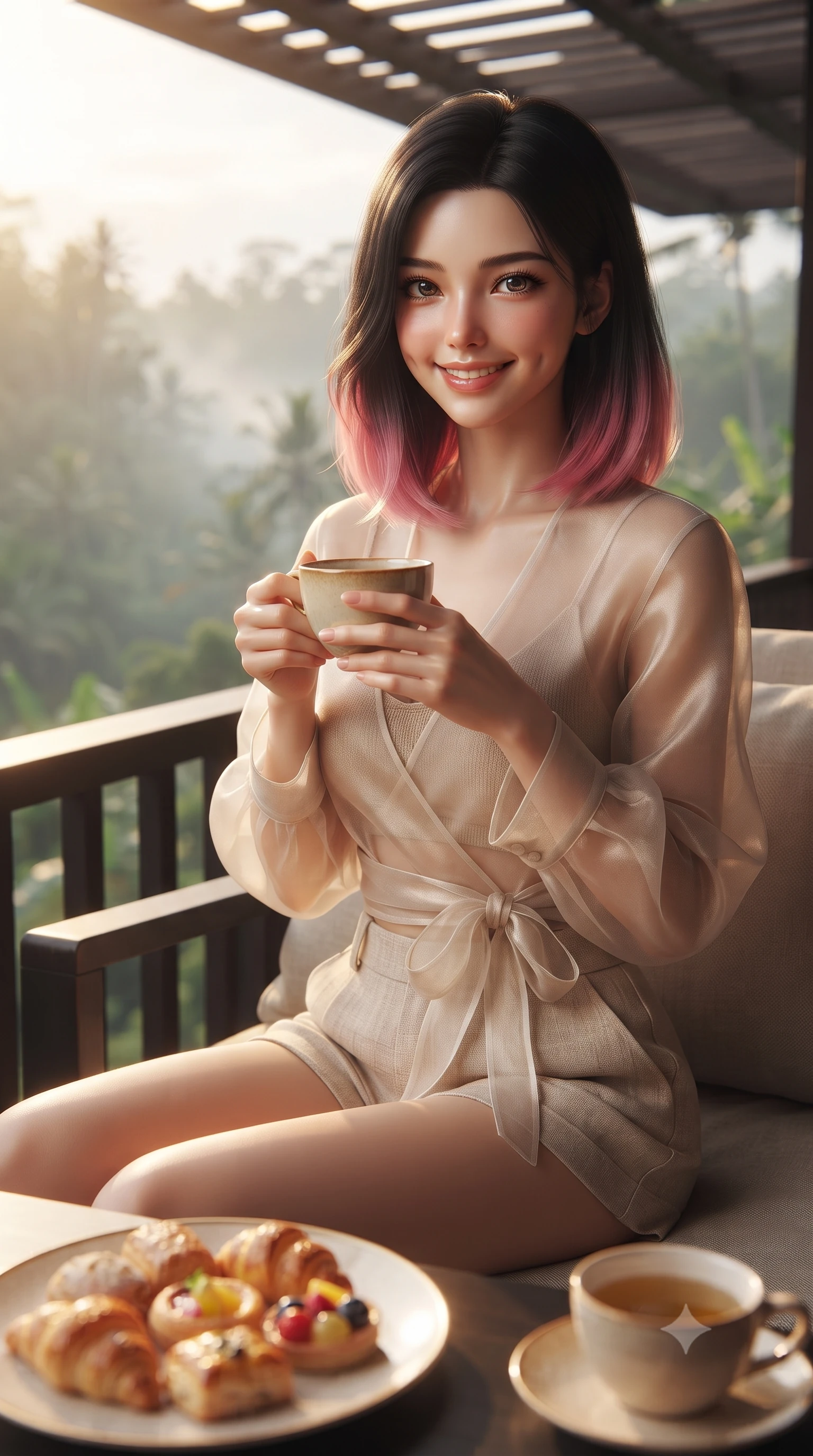 score_9, masterpiece, best quality, ultra-detailed, high-budget anime keyframe, editorial fashion photography, tasteful artistic composition, Korean woman. close-up cowboy shot from the waist and thighs up, the character dominates the composition, filling the frame with her large presence, background elements kept in soft focus. smiling with soft, cute dimples, holding a warm cup of tea with both hands set against a soft-focus background of on a scenic resort balcony overlooking a misty valley of tropical forest with a plate of fresh pastries and a cup of herbal tea on the balcony railing. She has an exceptionally elegant, slender, and willowy female figure with an ultra-slim waist, a gracefully sculpted slender torso, and a refined silhouette. sharp v-shaped jawline, high-bridge nose, intricate jewel-like eyes with depth, thick eyelashes, glossy lips with a natural sheen. wearing form-contouring sheer organza wrap top over a slim-fit knit bralette and low-cut linen shorts. warm, golden resort twilight lighting casting a relaxing, luxurious ambiance. ultra-reflective glossy finish, specular highlights, metallic sheen, high-contrast stereoscopic depth, volumetric dynamic lighting, 2k, ultra detail, master piece, 9:16 ratio
