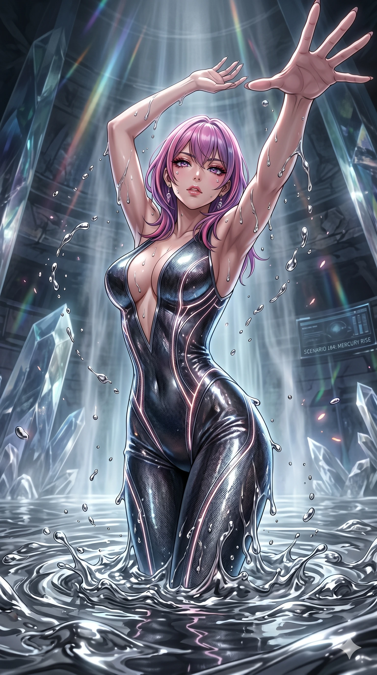 score_9, masterpiece, best quality, ultra-detailed, High-budget Anime Keyframe, East Asian woman. Dynamic full-body shot stretching the vertical silhouette to the limit. Scenario 184: Rising from a pool of mercury-like liquid, droplets rolling off her skin. Her presence is magnetic and overpowering in this high-budget anime scene. Outfit 184: A molten liquid silk micro-mesh with a plunging V-neckline and glowing LED seams. The clothing is designed to emphasize her exceptionally tall and slender 8-heads proportion. 8-heads proportion, towering silhouette, ultra-slim waist. sharp v-shaped jawline, intricate jewel-like eyes with depth, thick eyelashes, glossy lips. 2k, ultra detail, master piece, 9:16 ratio