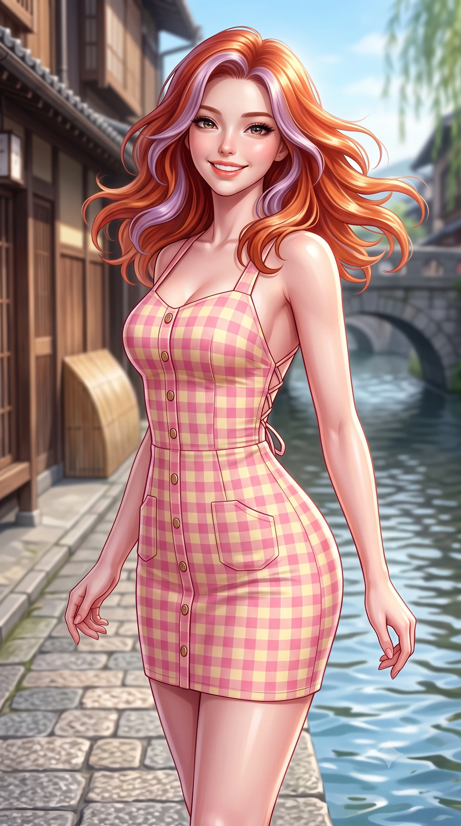 score_9, masterpiece, best quality, ultra-detailed, high-budget anime keyframe, semi-realistic 3D game render, editorial fashion photography, tasteful artistic composition, Caucasian woman. close-up cowboy shot from the waist and thighs up, the character dominates the composition, filling the frame with her large presence. turning playfully with a bright confident smile, her glossy hair tossing in the breeze as her hips angle gracefully in a captivating contrapposto while standing poised on the cobblestone canal path beside historic wooden machiya teahouses, twisting her slender torso in an alluring contrapposto stance. The composition keeps background elements in soft focus with dreamy creamy bokeh. rippling shallow canal waters and stone bridge arches softened in poetic Kyoto shallow focus. She has an exceptionally elegant, slender, and willowy female figure with an ultra-slim waist, flat toned midriff, narrow ribcage, and sculpted feminine hips creating an alluring, slim hourglass silhouette without bulk. sharp v-shaped jawline, high-bridge nose, intricate jewel-like sparkling eyes with depth, thick eyelashes, glossy parted lips with a natural peach sheen, bright cheerful beaming smile with an enchanting and coquettish sensual glint, exuding both youthful cute charm and seductive allure, flawlessly proportioned anatomical accuracy, strict slender model proportions, natural body alignment, perfectly sculpted long slender limbs, ultra-slim waistline, clean dynamic posture without body distortion. wearing a backless lace-up gingham sundress with a form-fitting bodice and hip-defining silhouette in sweet strawberry milk pink and butter yellow, tailored from crisp cotton poplin with clean structural lines, finished with neat front wooden buttons and delicate pocket details, the glove-like silhouette tightly following the natural contour of her hips and long slender legs with youthful 8.5-heads elegance. illuminated by crystal water specular reflections accentuating her sculpted midriff, narrow waist, and curvy hips. highly saturated vibrant anime colors, detailed shading with soft gradients, rich glossy textures, high-contrast stereoscopic depth, volumetric dynamic lighting, master piece, 9:16 ratio