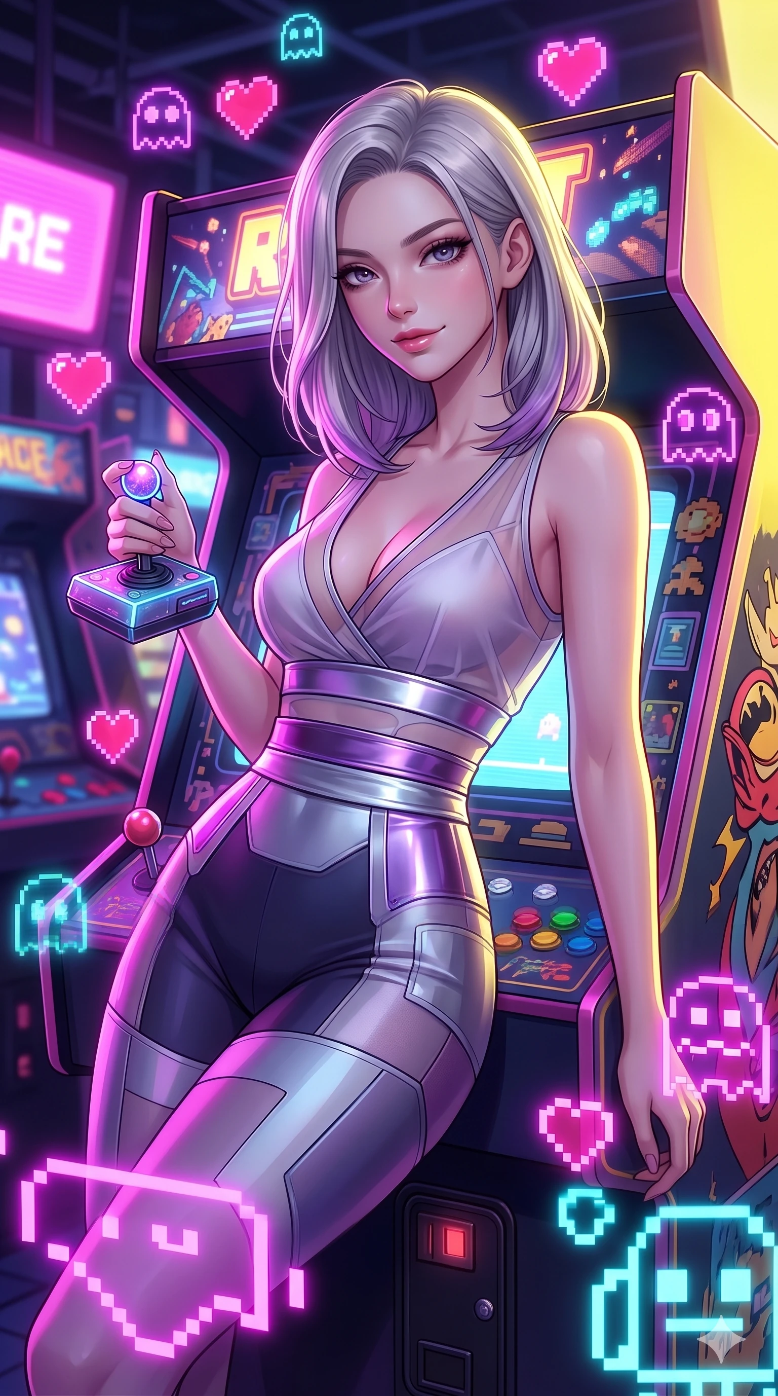 score_9, masterpiece, best quality, ultra-detailed, high-budget anime keyframe, Caucasian woman, strictly human ears. Upper body close-up from the thighs up, character filling the screen for maximum presence. She is leaning back against a glowing retro arcade cabinet, surrounded by floating pixelated neon icons. She holds a glowing joystick with a teasing, sultry smile. She has an absolutely perfect 8-heads proportion, an exceptionally tall and slender female figure with impossibly long slender legs and an ultra-slim waist. V-shaped jawline, high-bridge nose, intricate jewel-like eyes with depth, thick eyelashes, glossy lips with a natural sheen. She is wearing a shortened cyber-fusion wrap top with transparent chiffon panels, a deep crossover neckline, and a high-waisted metallic sash that accentuates her ultra-slim waist. The scene is illuminated by bright pink and violet neon screen glare and a sharp yellow ambient rim light. 2k, ultra detail, master piece, 9:16 ratio