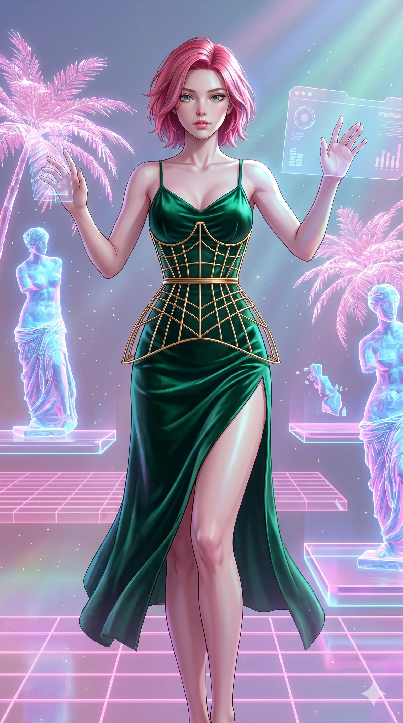 score_9, masterpiece, best quality, ultra-detailed, high-budget anime keyframe, Korean woman. upper body close-up from the thighs up, character filling the screen for maximum presence. drifting through a holographic vaporwave oasis with floating grid floors, lo-fi marble statues, and glowing pink palms. She has an absolutely perfect 8-heads proportion, an exceptionally tall and slender female figure with impossibly long slender legs and an ultra-slim waist. V-shaped jawline, high-bridge nose, intricate jewel-like eyes with depth, thick eyelashes, glossy lips with a natural sheen.. wearing a mathematical gold wire cage corset and an emerald green silk velvet slip dress with a thigh-high side slit. lit by a soft glowing ambient light and a sharp side key light that traces the sleek contours of her athletic build. 2k, ultra detail, master piece, 9:16 ratio