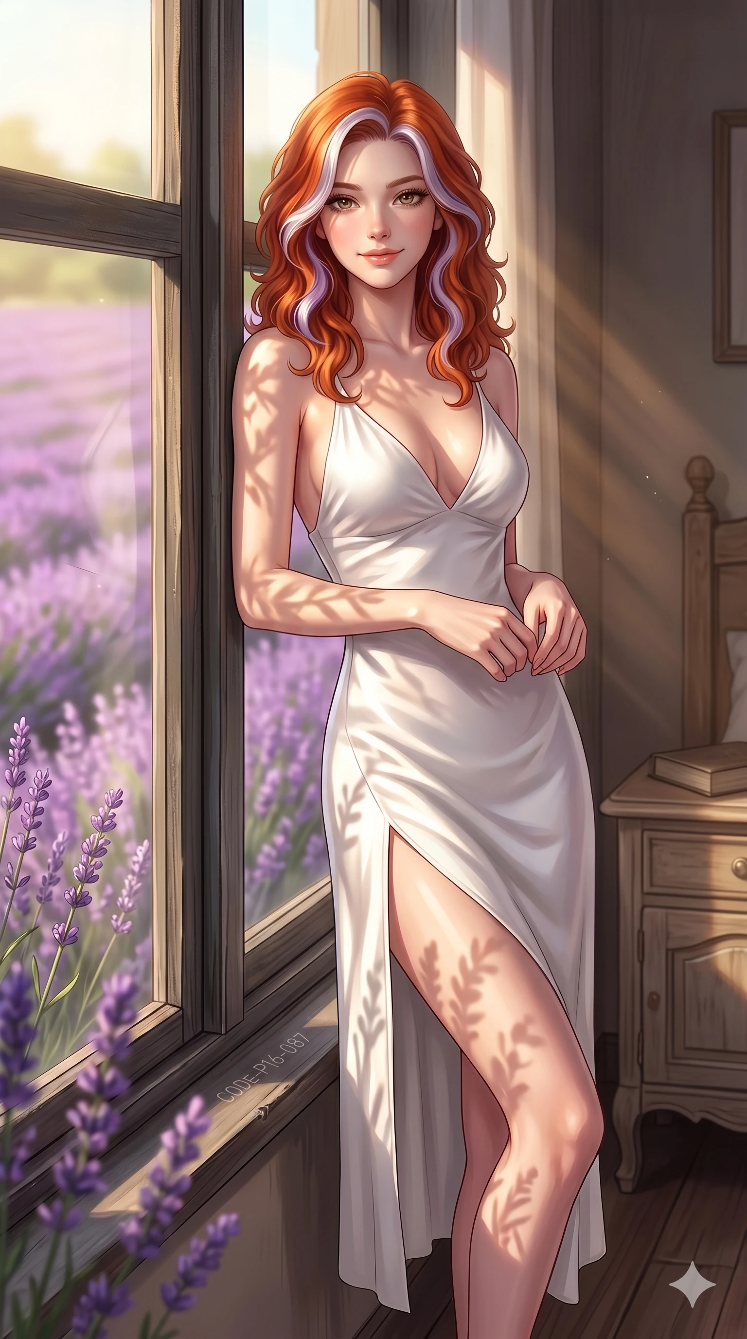 score_9, masterpiece, best quality, ultra-detailed, high-budget anime keyframe, editorial fashion photography, tasteful artistic composition, Caucasian woman, strictly human ears. cowboy shot from the thighs up, character and outfit filling the frame for maximum editorial presence. leaning against the wooden window frame, looking at the viewer with a soft, inviting smile inside a sunlit private bedroom overlooking a field of lavender (Code-P16-087). She has an absolutely perfect 8-heads proportion, an exceptionally tall and slender female figure with impossibly long slender legs and an ultra-slim waist. V-shaped jawline, high-bridge nose, intricate jewel-like eyes with depth, thick eyelashes, glossy lips with a natural sheen. wearing a white silk slip dress with a plunging V-neckline and a high side slit to mid-thigh. bathed in warm, golden afternoon sunbeams, casting soft organic leaf shadows on her skin. 2k, ultra detail, master piece, 9:16 ratio