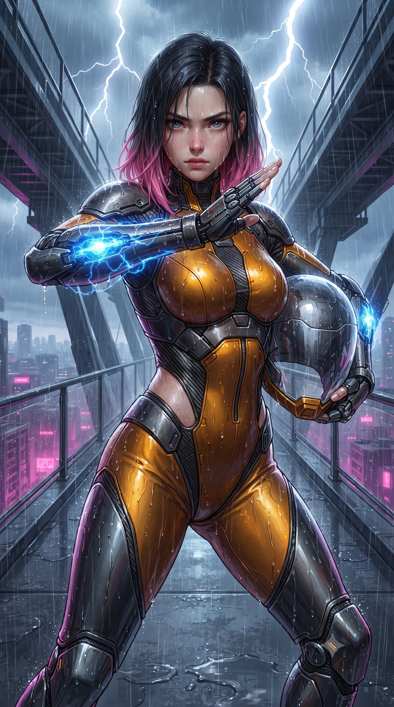 score_9, masterpiece, best quality, ultra-detailed, high-budget anime keyframe, editorial fashion photography, tasteful artistic composition, Korean woman. close-up cowboy shot from the waist and thighs up, the character dominates the composition, filling the frame with her large presence. twisting her upper body in a dynamic S-curve martial arts stance, cybernetic elbow dampers glowing with blue energy as she aims a focused palm strike while standing resolute at the center of the skybridge with fists lowered, rain streaming down her transparent visor and sleek body armor. The surrounding environment is rendered in vivid detail and crisp panoramic clarity. vibrant high-contrast storm lighting and high-altitude bridge engineering captured with environmental precision. She has an exceptionally elegant, slender, and willowy female figure with an ultra-slim waist, a gracefully sculpted slender torso, toned flat midriff, and a refined slim silhouette. sharp v-shaped jawline, high-bridge nose, intricate jewel-like eyes with depth, thick eyelashes, glossy lips with a natural sheen, fierce and resolute heroine expression, flawlessly proportioned anatomical accuracy, strict slender model proportions, natural body alignment, perfectly sculpted long slender limbs, ultra-slim waistline, clean dynamic posture without body distortion. holding a modular carbon battle-helmet under one arm, her flawless face and sculpted neck exposed to the rain with determined warrior focus, paired with a form-contouring high-mobility battle-suit featuring sculpted carbon chest plating, diagonal midriff ventilation cutouts, and kinetic knee vambraces in molten amber-gold carbon cuirass with dark gunmetal weave, made of liquid carbon-jersey fabric accentuating every curve of her tall, slender model proportions, finished with high-mobility flexible armor articulation seams and miniature magnetic locks, the precision-cut daring openings accentuating her delicate midriff, graceful bare collarbones, and ultra-slim feminine waistline. bathed in dramatic white lightning flashes and glowing magenta city neon ambient bounce. ultra-reflective glossy finish, specular highlights, dark metallic sheen, high-contrast stereoscopic depth, volumetric dynamic lighting, 2k, ultra detail, master piece, 9:16 ratio
