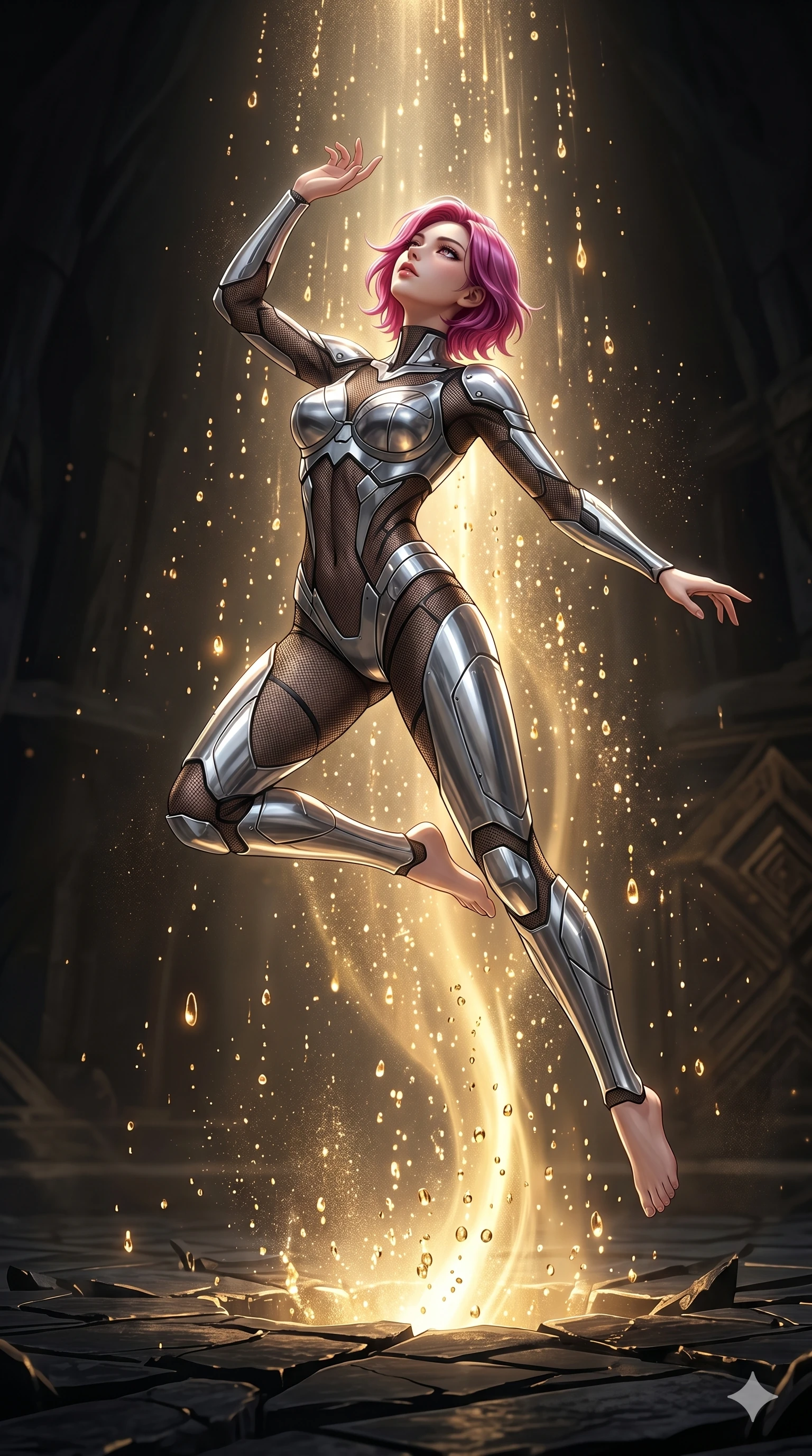 score_9, masterpiece, best quality, ultra-detailed, high-budget anime keyframe, Korean woman. low angle full-body shot filling the entire 9:16 frame with her statuesque presence, stretching the vertical silhouette. dodging ethereal liquid gold rain that rises upward from the ground in warm shimmering droplets under an inverted gravity field. She has an absolutely perfect 8-heads proportion, an exceptionally tall and slender female figure with impossibly long slender legs and an ultra-slim waist. V-shaped jawline, high-bridge nose, intricate jewel-like eyes with depth, thick eyelashes, glossy lips with a natural sheen.. wearing a bionic chrome plate bodysuit, featuring silver chrome plates covering the bust and hips, connected by sheer black mesh panels. illuminated by dramatic chiaroscuro casting soft shadows along her curves, with vibrant backlighting highlighting the dust particles. 2k, ultra detail, master piece, 9:16 ratio