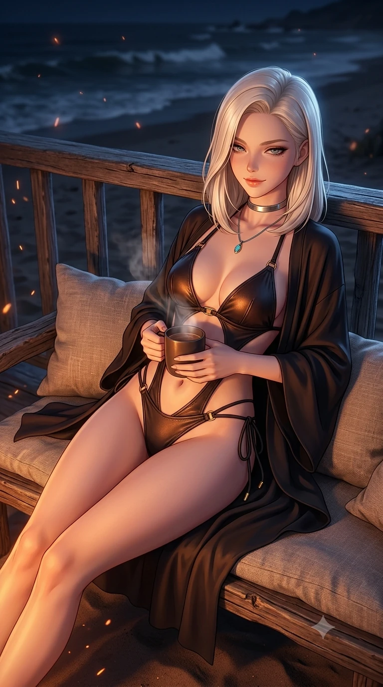 score_9, masterpiece, best quality, ultra-detailed, high-budget anime keyframe, semi-realistic 3D game render, editorial fashion photography, tasteful artistic composition, Caucasian woman. close-up cowboy shot from the waist and thighs up, the character dominates the composition, filling the frame with her large presence. leaning back against the balustrade with relaxed seductive grace, head tilted back slightly while casting a hypnotic, heavy-lidded gaze while lounging languidly across a low driftwood bench cushioned with linen pillows, holding a warm mug while gazing into the camera with bedroom-eyes. The background shows a soft-focus romantic beach campfire atmosphere softened in midnight shoreline shallow focus. She has an exceptionally elegant, slender, and willowy female figure with an ultra-slim waist, flat toned midriff, narrow ribcage, and sculpted feminine hips creating an alluring, slim hourglass silhouette without bulk. sharp v-shaped jawline, high-bridge nose, sparkling eyes with hypnotic seductive depth, thick curled eyelashes, glossy parted lips with a natural dewy peach sheen, alluring bedroom-eyes with an enchanting coquettish smile, exuding magnetic siren charisma and sophisticated glamour, flawlessly proportioned anatomical accuracy, strict slender model proportions, natural body alignment, perfectly sculpted long slender limbs, ultra-slim waistline, clean dynamic posture without body distortion. wearing a low-slung cutaway leather bikini bodysuit with bare hip flanks and criss-cross cord ties in high-contrast coastal monochrome with gold hardware, tailored from heavy double-faced silk georgette with an exceptionally fluid drape, finished with a minimalist chrome choker and a single turquoise stone pendant, the precision-cut side openings and low-back scoop framing her graceful spine and the sensual sweep of her slim, toned hips. bathed in the dramatic dual contrast of warm dancing 2000K firelight on her front and cool deep indigo 5000K twilight on her back. highly saturated vibrant anime colors, detailed shading with soft gradients, rich glossy textures, high-contrast stereoscopic depth, volumetric dynamic lighting, master piece, 9:16 ratio