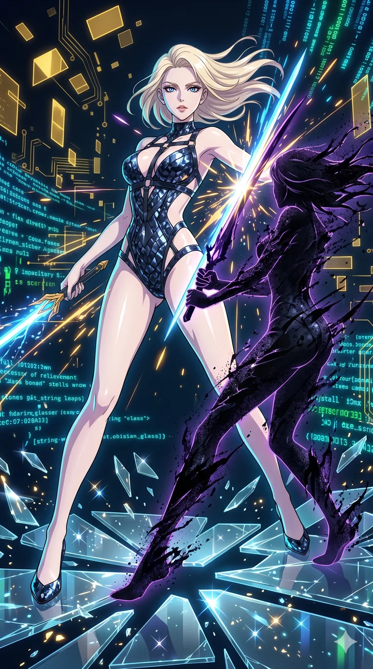 score_9, masterpiece, best quality, ultra-detailed, High-budget Anime Keyframe, vibrant colors, fluid line-art, expressive lighting, cinematic composition, Ufotable-style visual effects, top-tier animation quality, Caucasian woman with pale skin, blonde hair, and (strictly human ears). Dramatic low angle looking up at her majestic stature, dominating the vertical space of the composition. Engaging in a fierce duel with a shadowy mirror version of herself on a platform of floating glass shards. She has an absolutely perfect 8-heads proportion, an exceptionally tall and slender female figure with impossibly long slender legs and an ultra-slim waist, her statuesque height and towering silhouette dominating the vertical 9:16 frame. Her face is a masterpiece featuring a sharp v-shaped jawline, high-bridge nose, intricate jewel-like eyes with depth, thick eyelashes, and glossy lips with a natural sheen. She is wearing a Micro-bodysuit with a complex integrated harness system and high-cut leg lines crafted from Obsidian-glass scales that shimmer with a dark, crystalline brilliance, featuring strategic side cut-outs that emphasize her ultra-slim waist and hips. The scene is set in an abstract digital void with floating golden geometric shapes and rivers of flowing code, illuminated by harsh neon light and deep shadows creating a high-contrast noir aesthetic. 2k, ultra detail, master piece, 9:16 ratio