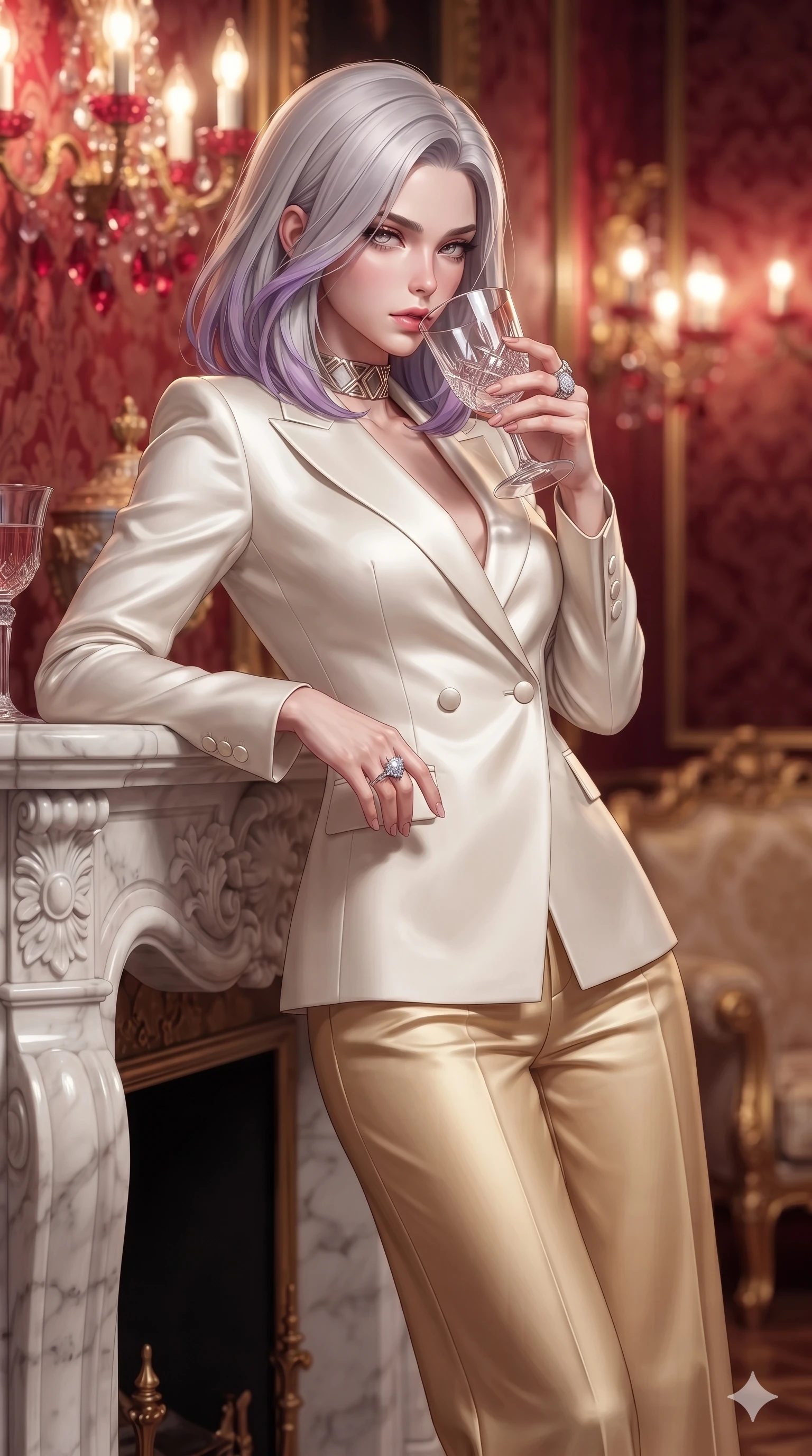 score_9, masterpiece, best quality, ultra-detailed, high-budget anime keyframe, semi-realistic 3D game render, editorial fashion photography, tasteful artistic composition, Caucasian woman. close-up cowboy shot from the waist and thighs up, the character dominates the composition, filling the frame with her large presence. leaning back against the balustrade with relaxed seductive grace, head tilted back slightly while casting a hypnotic, heavy-lidded gaze while leaning against the carved marble fireplace mantle with hips cocked back, looking through crystal glassware with heavy-lidded bedroom-eyes. The composition keeps background elements in soft focus with creamy bokeh: intricate crimson silk damask wall coverings, glowing Murano ruby crystal chandeliers, and gilded baroque furniture blurred into crimson, gold, and ruby bokeh. She has an exceptionally elegant, slender, and willowy female figure with an ultra-slim waist, flat toned midriff, narrow ribcage, and sculpted feminine hips creating an alluring, slim hourglass silhouette without bulk. sharp v-shaped jawline, high-bridge nose, intricate jewel-like eyes with depth, thick eyelashes, glossy parted lips with a natural sheen, intensely captivating and seductive bedroom-eyes expression, flawlessly proportioned anatomical accuracy, strict slender model proportions, natural body alignment, perfectly sculpted long slender limbs, ultra-slim waistline, clean dynamic posture without body distortion. wearing a bespoke tailored satin pantsuit with a double-breasted structured blazer and pressed wide-leg trousers in pure alabaster white and sun-kissed gold, crafted from bespoke double-faced cashmere with an exceptionally soft tactile finish, complemented by a bold geometric choker and sparkling cocktail ring, the bespoke structured tailoring following the natural line of her 8.5-heads silhouette with refined elegance. crisp directional rim lights sharply defining her sculpted collarbones, ultra-slim waist, and curvy hips. highly saturated vibrant anime colors, detailed shading with soft gradients, rich glossy textures, high-contrast stereoscopic depth, volumetric dynamic lighting, master piece, 9:16 ratio