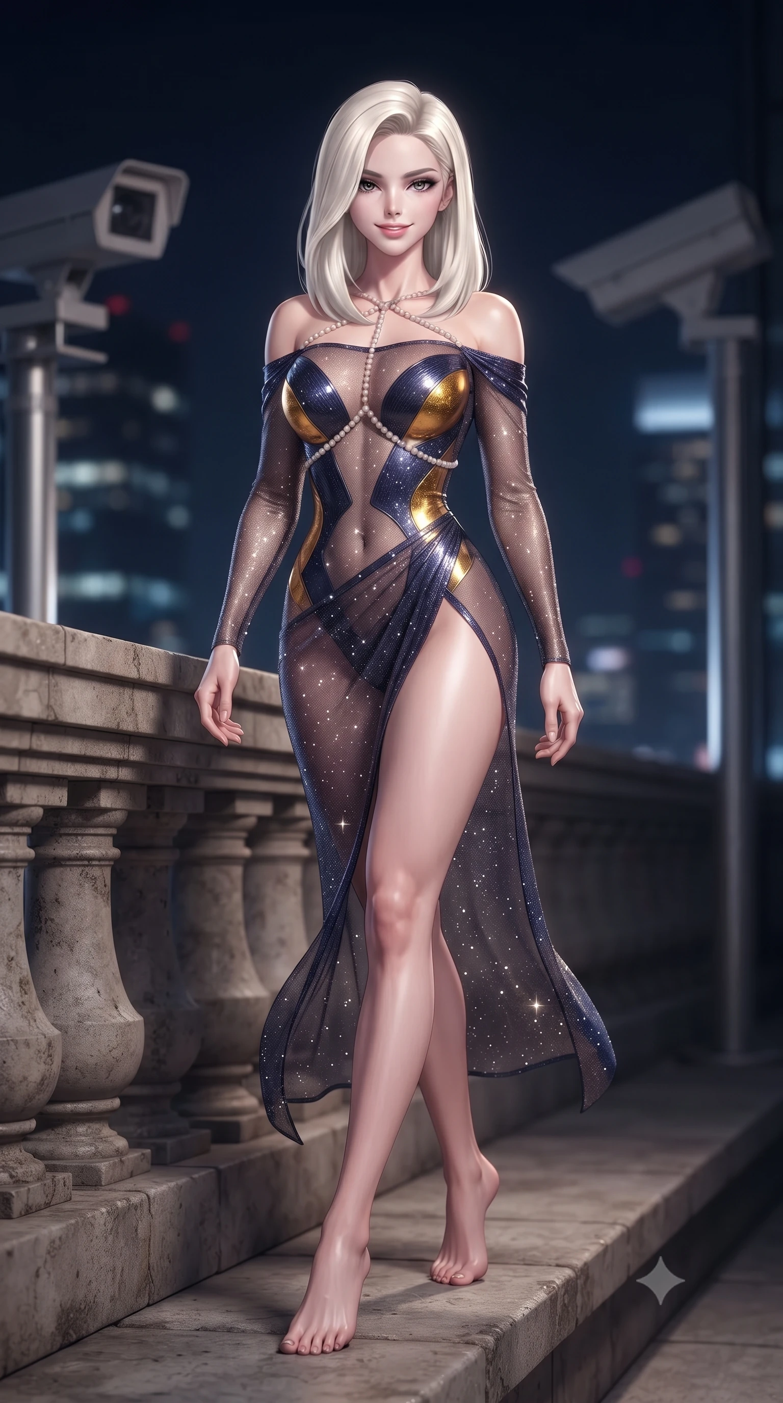 score_9, masterpiece, best quality, ultra-detailed, high-budget anime keyframe, editorial fashion photography, tasteful artistic composition, Caucasian woman. low angle full-body shot from head to toe showing her feet, filling the entire 9:16 vertical frame with her statuesque presence, stretching her vertical silhouette. stepping slowly toward the camera with hypnotic grace, hips swaying in an alluring sensual rhythm that accentuates her curvy hourglass silhouette and long slender legs while perched sideways on the stone balcony parapet high above the financial district, her flat midriff and long slender legs commanding the night. The background shows a soft-focus laser security sensor housings softened in luxury high-rise shallow focus. She has an absolutely perfect, statuesque 8.5-heads proportion, an exceptionally tall and slender model-like female figure with impossibly long slender legs, an ultra-slim waist, a flat toned midriff, narrow delicate ribcage, and beautifully sculpted feminine hips creating a graceful, slim hourglass silhouette without any bulky heaviness. sharp v-shaped jawline, high-bridge nose, sparkling eyes with hypnotic seductive depth, thick curled eyelashes, glossy parted lips with a natural dewy peach sheen, alluring bedroom-eyes with an enchanting coquettish smile, exuding magnetic siren charisma and sophisticated glamour, flawlessly proportioned anatomical accuracy, strict slender model proportions, natural body alignment, perfectly sculpted long slender limbs, ultra-slim waistline, clean dynamic posture without body distortion. wearing an off-the-shoulder sheer-illusion mesh stealth catsuit with strategically placed carbon-fiber patches hugging her curves in molten liquid gold and midnight indigo, woven from stretch metallic lurex jersey casting radiant starlight glints across her silhouette, accented with a pearl-drop body harness subtly framing her dewy collarbones and spine, the high-slit wrap tailoring accentuating her ultra-slim waistline and the enchanting curve of her feminine hips with alluring seductive charm. illuminated by glass window reflection bounce and sharp platinum rim lights sculpting her jawline, ultra-slim waist, and curvy hips. ultra-reflective glossy finish, specular highlights, rich textural contrasts, high-contrast stereoscopic depth, volumetric dynamic lighting, 2k, ultra detail, master piece, 9:16 ratio