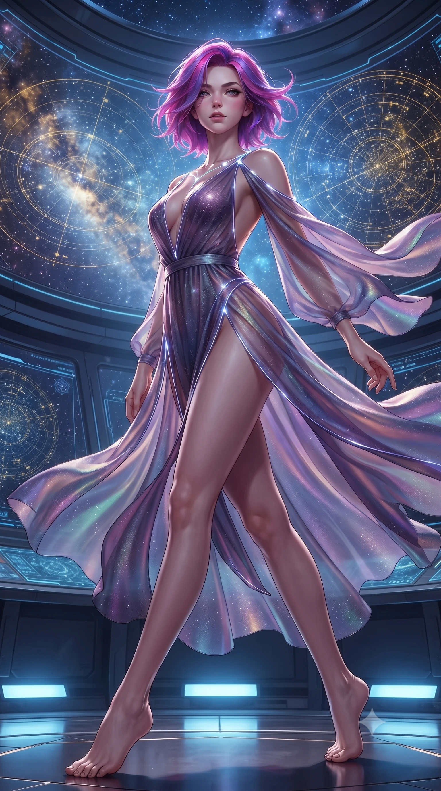 score_9, masterpiece, best quality, ultra-detailed, high-budget anime keyframe, editorial fashion photography, tasteful artistic composition, Caucasian woman. low angle full-body shot from head to toe showing her feet, filling the entire 9:16 vertical frame with her statuesque presence, stretching her vertical silhouette. striding forward in a proud, statuesque motion with a dangerous smolder, her vertical silhouette dominating the frame from head to toe while arching her back in mid-air as zero-gravity causes her outfit and dark hair to billow in weightless grace. The surrounding environment is rendered in vivid detail and crisp panoramic clarity. sharp panoramic viewport framing, celestial gas filament textures, and holographic star charts in high resolution. She has an absolutely perfect, statuesque 8.5-heads proportion, an exceptionally tall and slender model-like female figure with impossibly long slender legs and an ultra-slim waist. sharp v-shaped jawline, high-bridge nose, intricate jewel-like eyes with depth, thick eyelashes, glossy lips with a natural sheen, flawlessly proportioned anatomical accuracy, natural body alignment, perfectly sculpted elegant limbs, clean dynamic posture without body distortion. wearing a translucent iridescent chiffon gown with a plunging neckline, high dual thigh slits, and an open back in dark amethyst purple and shimmering starlight silver, made of smooth iridescent silk chiffon that shifts colors with movement, accented with glowing fiber-optic seams tracing her collarbones and hip curves, the form-contouring second-skin material highlighting her ultra-slim waist and long lines. illuminated by glowing holographic console uplights and sharp starlight rim highlights. ultra-reflective glossy finish, specular highlights, metallic sheen, high-contrast stereoscopic depth, volumetric dynamic lighting, 2k, ultra detail, master piece, 9:16 ratio