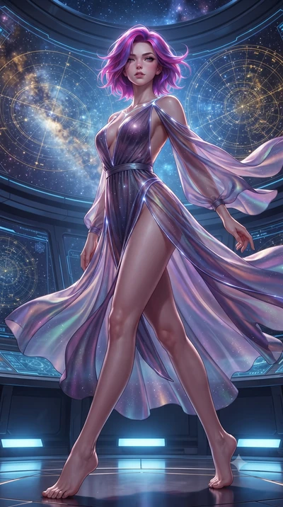 score_9, masterpiece, best quality, ultra-detailed, high-budget anime keyframe, editorial fashion photography, tasteful artistic composition, Caucasian woman. low angle full-body shot from head to toe showing her feet, filling the entire 9:16 vertica