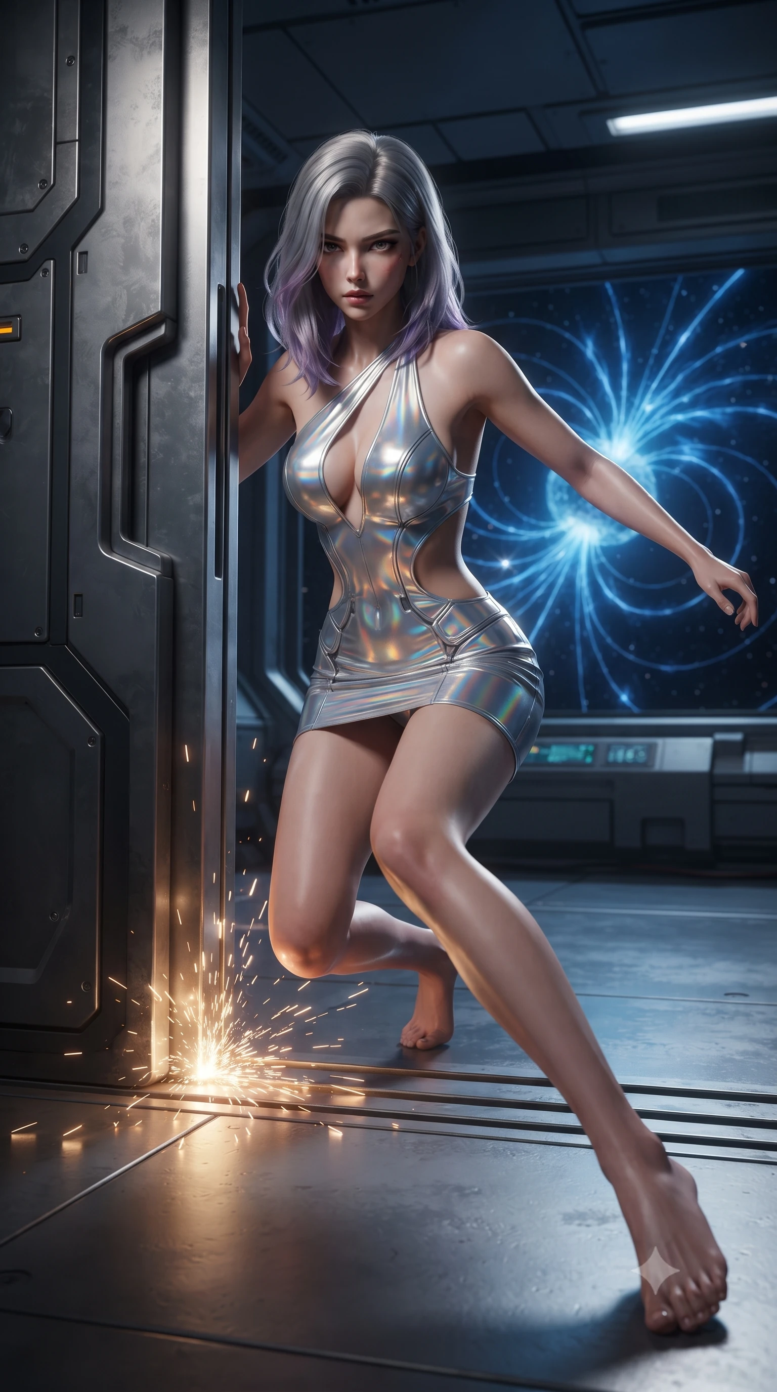 score_9, masterpiece, best quality, ultra-detailed, high-budget anime keyframe, editorial fashion photography, tasteful artistic composition, realistic cosplay photography, Caucasian woman, strictly human ears. low angle full-body shot from head to toe showing her feet, filling the entire 9:16 vertical frame with her statuesque presence, stretching her vertical silhouette. sliding underneath a closing blast door in a sleek combat stance with sparks flying around her inside a research platform shielded from a magnetar star, blue magnetic fields visible arcing in space. She has a statuesque 8.5-heads proportion, an exceptionally tall, slender and willowy model-like build with impossibly long legs and a highly sculpted ultra-slim waist. sharp v-shaped jawline, high-bridge nose, intricate jewel-like eyes with depth, thick eyelashes, glossy lips with a natural sheen. wearing tailored for maximum mobility, sleek form-contouring panels that allow fluid movement, a tailored holographic silver mini dress featuring a dramatic open-waist cutout and a plunging asymmetric halter neck, highlighting her slender waist. dramatic chiaroscuro with a single golden key light sculpting her silhouette. ultra-reflective glossy finish, specular highlights, metallic sheen, high-contrast stereoscopic depth, volumetric dynamic lighting, 2k, ultra detail, master piece, 9:16 ratio