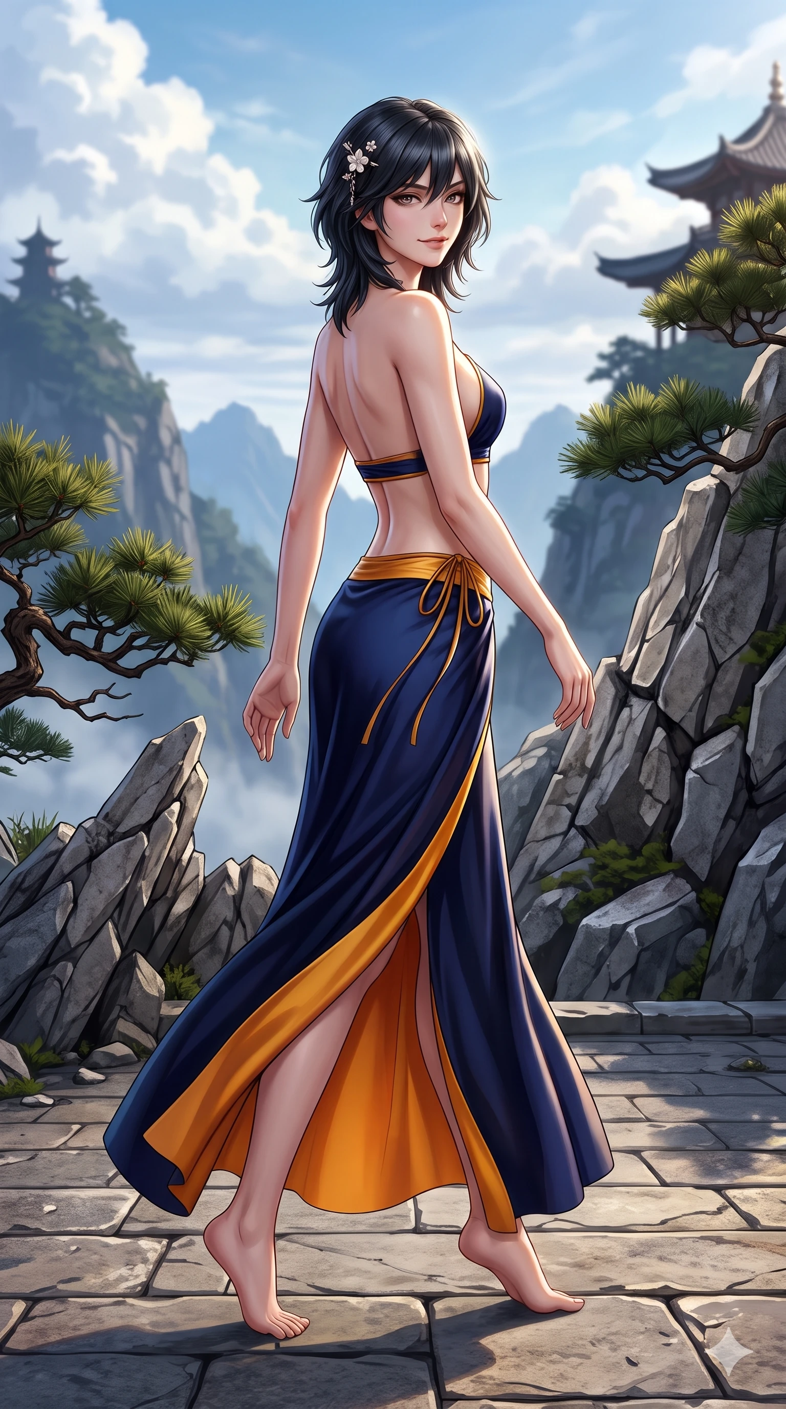 score_9, masterpiece, best quality, ultra-detailed, high-budget anime keyframe, semi-realistic 3D game render, editorial fashion photography, tasteful artistic composition, Caucasian woman. low angle full-body shot from head to toe showing her feet, filling the entire 9:16 vertical frame with her statuesque presence, stretching her vertical silhouette. walking along the waterfront terrace with poise, looking back over her bare shoulder with an irresistible smoldering bedroom-gaze while lounging back against the smooth granite rock propped on both elbows, her flat midriff and long slender legs commanding the panoramic mountain vista. The surrounding environment is rendered in vivid detail and crisp panoramic clarity: sharp fractured granite rock strata, twisted pine needle clusters, and distant pagoda roofline silhouettes in deep focus. She has an absolutely perfect, statuesque 8.5-heads proportion, an exceptionally tall and slender model-like female figure with impossibly long slender legs, an ultra-slim waist, a flat toned midriff, narrow delicate ribcage, and beautifully sculpted feminine hips creating a graceful, slim hourglass silhouette without any bulky heaviness. sharp v-shaped jawline, high-bridge nose, sparkling eyes with hypnotic seductive depth, thick curled eyelashes, glossy parted lips with a natural dewy peach sheen, alluring bedroom-eyes with an enchanting coquettish smile, exuding magnetic siren charisma and sophisticated glamour, flawlessly proportioned anatomical accuracy, strict slender model proportions, natural body alignment, perfectly sculpted long slender limbs, ultra-slim waistline, clean dynamic posture without body distortion. wearing an alluring low-slung modern hanbok wrap skirt with bare waist flanks and delicate silk cord ties in midnight indigo and glowing lantern topaz, tailored from heavy double-faced silk faille with an exceptionally fluid drape, finished with delicate mother-of-pearl hairpin ornaments glinting in her dark glossy hair, the glove-like clinging cut tightly following the natural contour of her hips and long slender legs with youthful 8.5-heads elegance. illuminated by cloud sea upward bounce and sharp silver-topaz rim lights defining her razor-sharp jawline, narrow waist, and curvy hips. highly saturated vibrant anime colors, detailed shading with soft gradients, rich glossy textures, high-contrast stereoscopic depth, volumetric dynamic lighting, master piece, 9:16 ratio