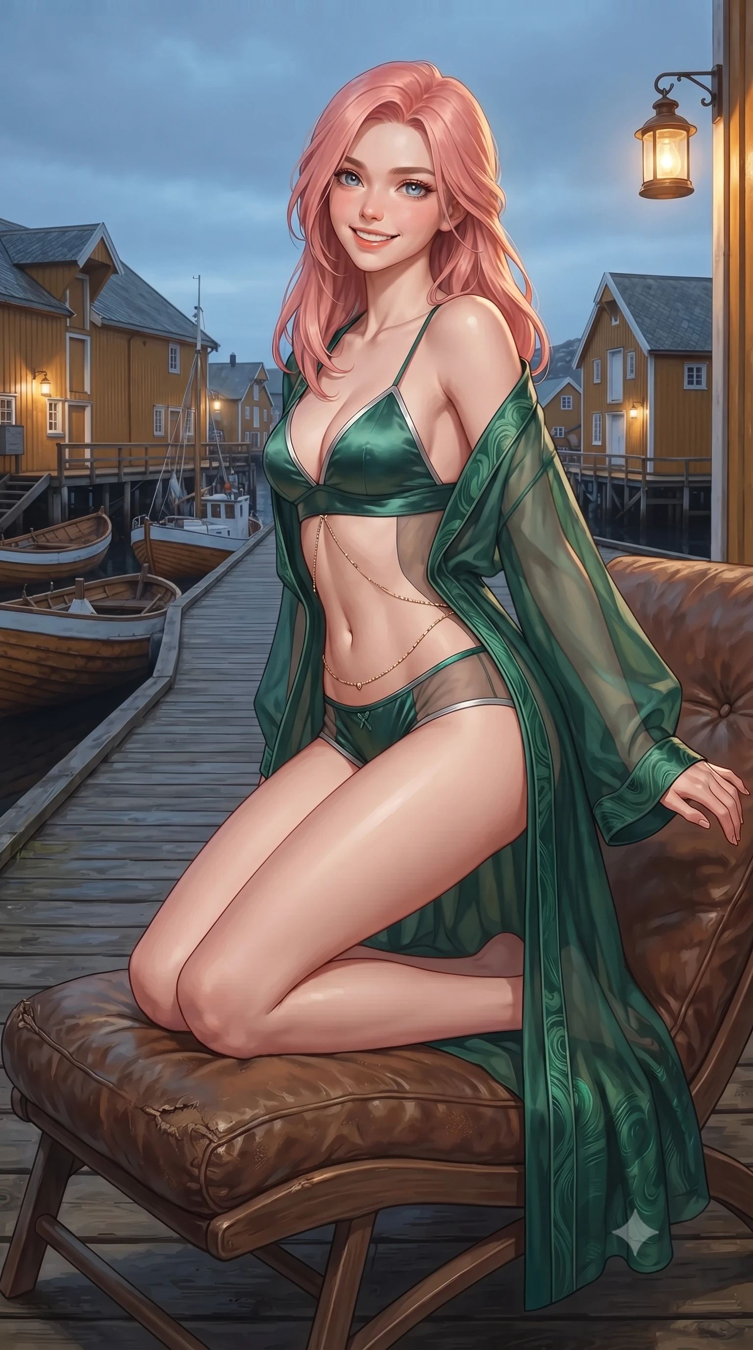 score_9, masterpiece, best quality, ultra-detailed, high-budget anime keyframe, editorial fashion photography, tasteful artistic composition, Japanese woman. close-up cowboy shot from the waist and thighs up, the character dominates the composition, filling the frame with her large presence. perched sideways on the lounge seat, one knee drawn up to showcase her slender leg line while her arched back accentuates her feminine hip curve while standing poised on the natural timber boardwalk snaking along the narrow fjord inlet between centuries-old yellow and ochre fishing huts, arching her lower back with effortless poise. The surrounding environment is rendered in vivid detail and crisp panoramic clarity: detailed garment cut, fine fabric drape, and UNESCO heritage wooden craft in high resolution. She has an exceptionally elegant, slender, and willowy female figure with an ultra-slim waist, flat toned midriff, narrow ribcage, and sculpted feminine hips creating an alluring, slim hourglass silhouette without bulk. sharp v-shaped jawline, high-bridge nose, intricate jewel-like sparkling eyes with depth, thick eyelashes, glossy parted lips with a natural peach sheen, bright cheerful beaming smile with an enchanting and coquettish sensual glint, exuding both youthful cute charm and seductive allure, flawlessly proportioned anatomical accuracy, strict slender model proportions, natural body alignment, perfectly sculpted long slender limbs, ultra-slim waistline, clean dynamic posture without body distortion. wearing a sheer silk organza modern caftan robe worn loose and slipping off bare shoulders over a matching satin bralette and micro-shorts in Art Nouveau malachite green and antique starlight silver, featuring strategic sheer-illusion tulle side panels framing her ribcage and hips, accented with a dainty gold belly chain resting across her flat midriff and curving hips, the high-slit wrap tailoring accentuating her ultra-slim waistline and the enchanting curve of her feminine hips with alluring seductive charm. bathed in the warm 2300K glow of vintage brass dock lanterns contrasted with cool Arctic evening sky. ultra-reflective glossy finish, specular highlights, rich textural contrasts, high-contrast stereoscopic depth, volumetric dynamic lighting, 2k, ultra detail, master piece, 9:16 ratio