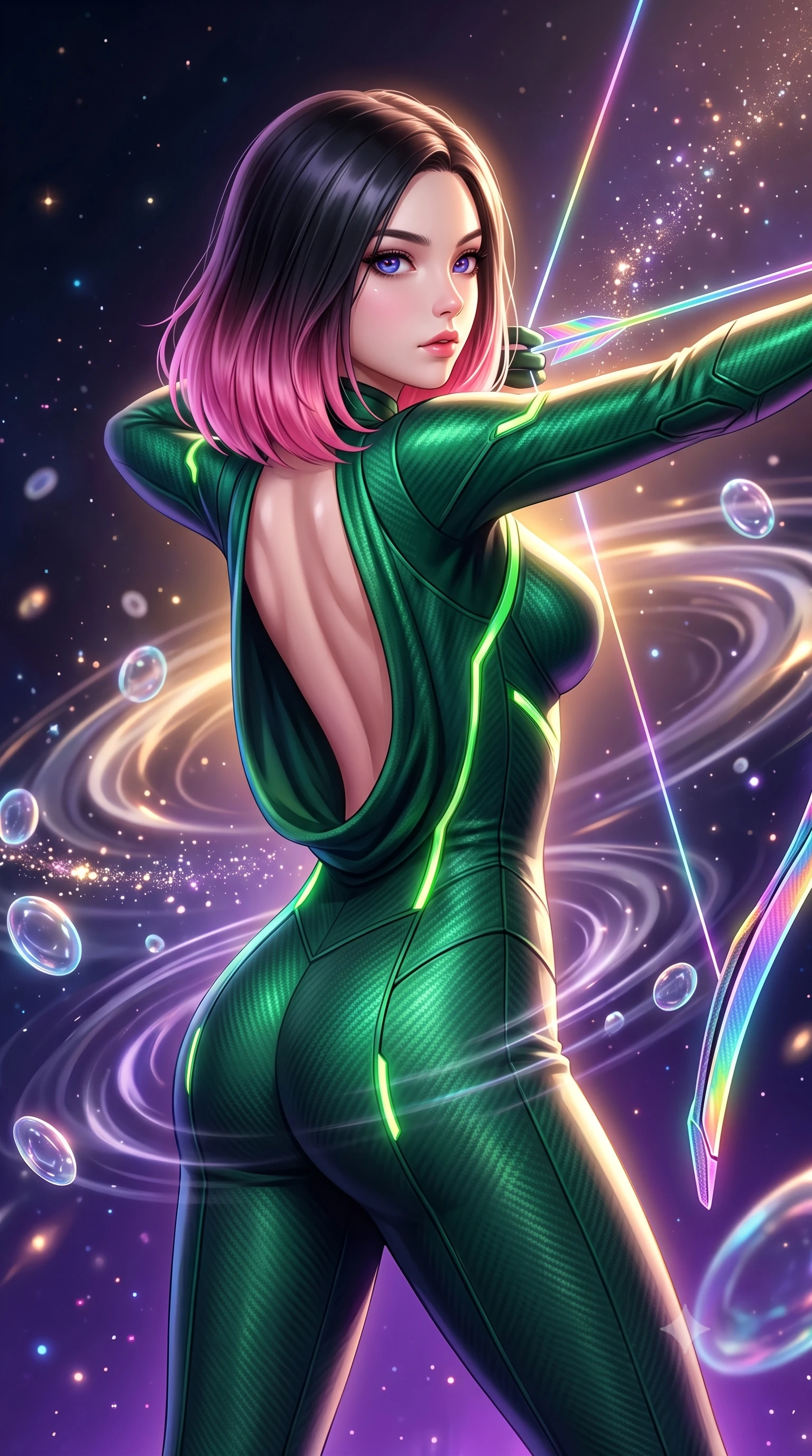 score_9, masterpiece, best quality, ultra-detailed, high-budget anime keyframe, semi-realistic 3D game render, editorial fashion photography, tasteful artistic composition, Korean woman. close-up cowboy shot from the waist and thighs up, the character dominates the composition, filling the frame with her large presence. stretching forward with an alluring arch of her spine, glancing over her shoulder with divine self-assurance and magnetic intensity while drifting gracefully through a field of orbiting micro-shields as gravitational distortion waves ripple around her contour. The composition keeps background elements in soft focus with creamy bokeh. sparkling quantum particle trails scattering celestial radiance across a deep space backdrop. She has an exceptionally elegant, slender, and willowy female figure with an ultra-slim waist, a gracefully sculpted slender torso, toned flat midriff, and a refined slim silhouette. sharp v-shaped jawline, high-bridge nose, intricate jewel-like eyes with depth, thick eyelashes, glossy lips with a natural sheen, flawlessly proportioned anatomical accuracy, strict slender model proportions, natural body alignment, perfectly sculpted long slender limbs, ultra-slim waistline, clean dynamic posture without body distortion. wearing a tailored emerald-green carbon-fiber tactical jumpsuit with glowing lime LED channels and an open cowl back, drawing a floating holographic photon energy bow with supreme grace in high-gloss iridescent rainbow carbon with prism holographic sheen, crafted from semi-translucent cybernetic carbon-vinyl interwoven with glowing micro-filaments, finished with high-mobility articulation joints and miniature magnetic armor locks, the glove-like aerodynamic second-skin fit tightly clinging to her ultra-slender waist and athletic curves without adding bulk, accentuating her razor-sharp statuesque lines and slim hourglass silhouette. bathed in radiant golden singularity accretion glow and saturated violet gravitational field uplights. rich saturated anime colors with glowing neon highlights, detailed shading with soft gradients, rich glossy textures, high-contrast stereoscopic depth, volumetric dynamic lighting, master piece, 9:16 ratio